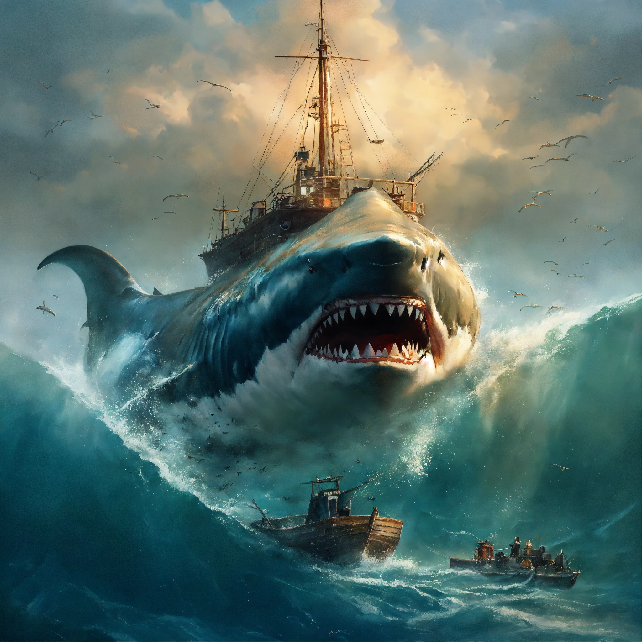 Lexica - Concept art of a big blind megalodon full of scars, attacking ...