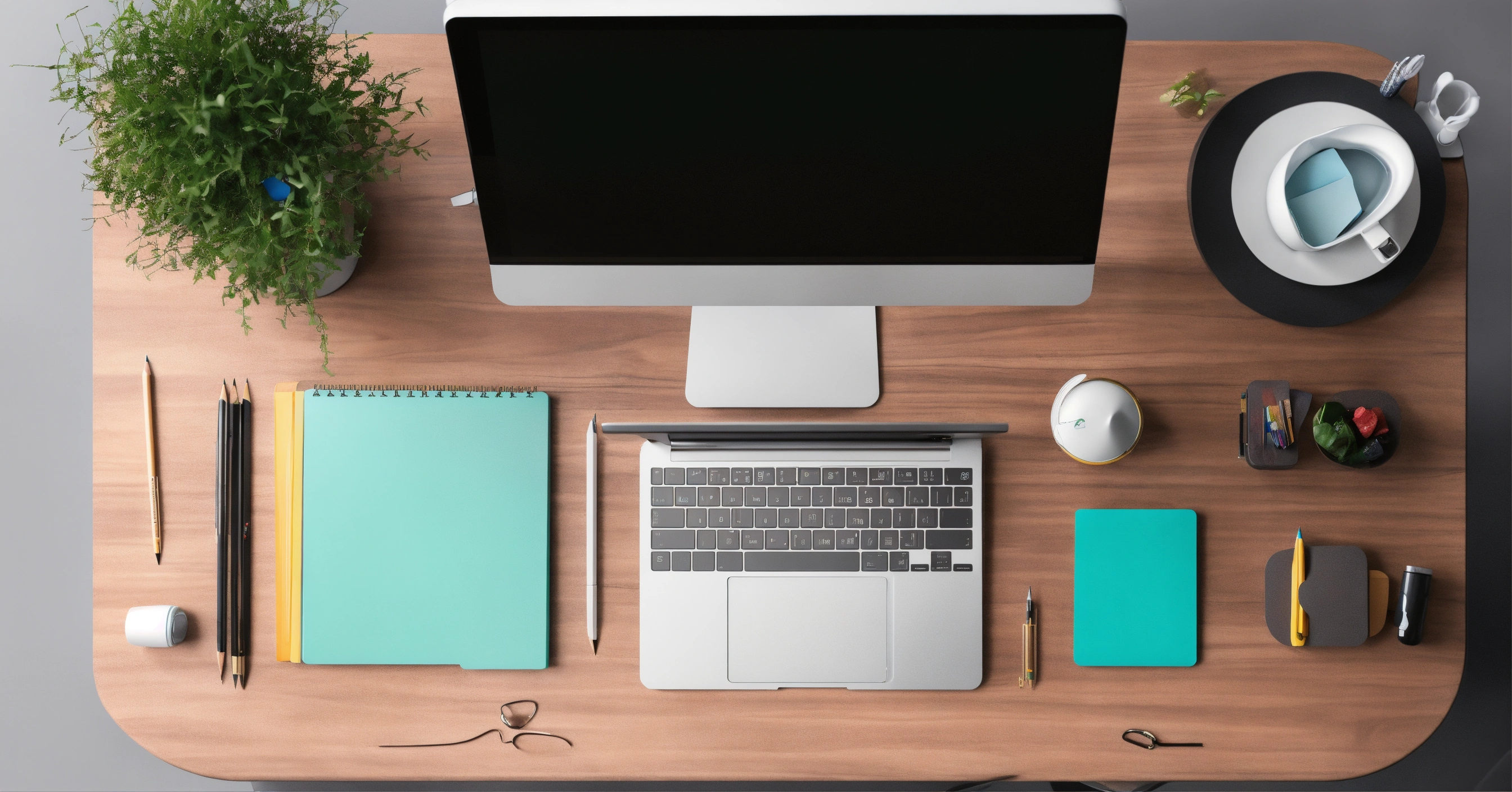 Lexica - Top view Minimalist standing desk with stationery supplies and ...