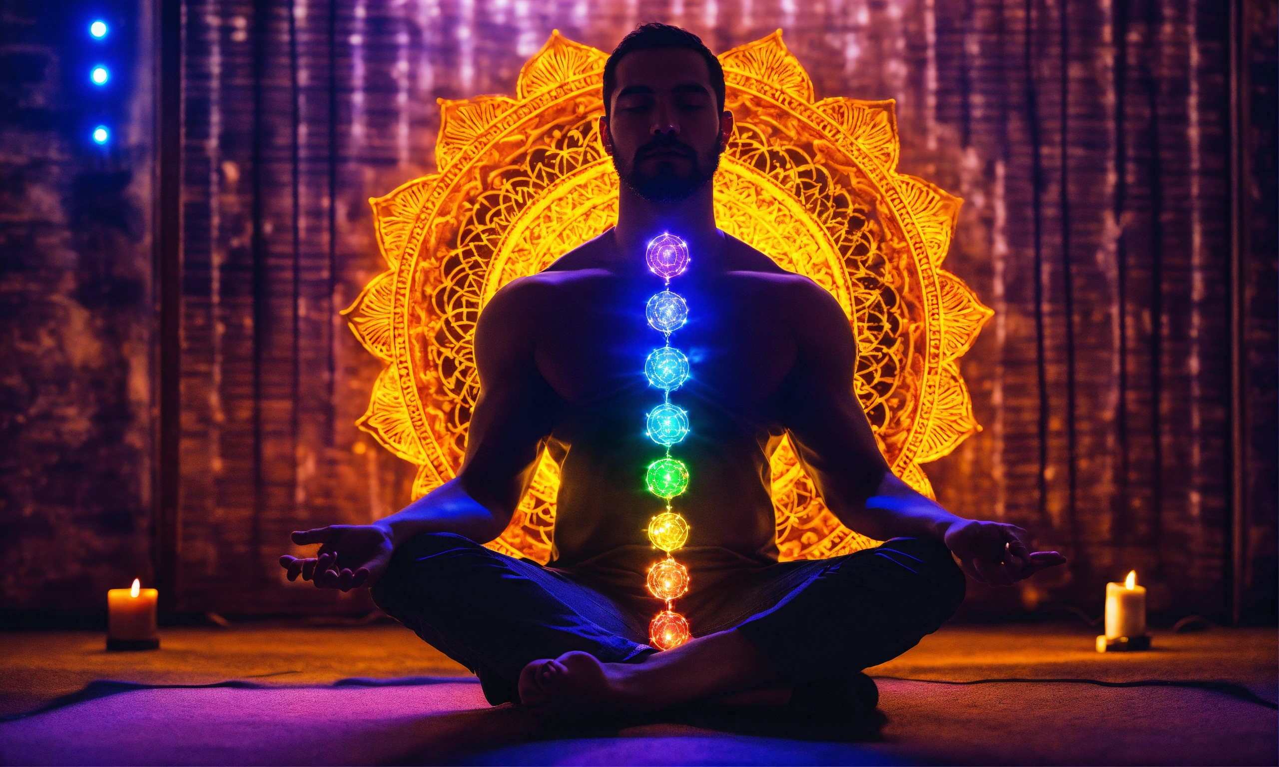 Lexica - Man sitting, chakras lit up, 4k, high resolution, photo quality