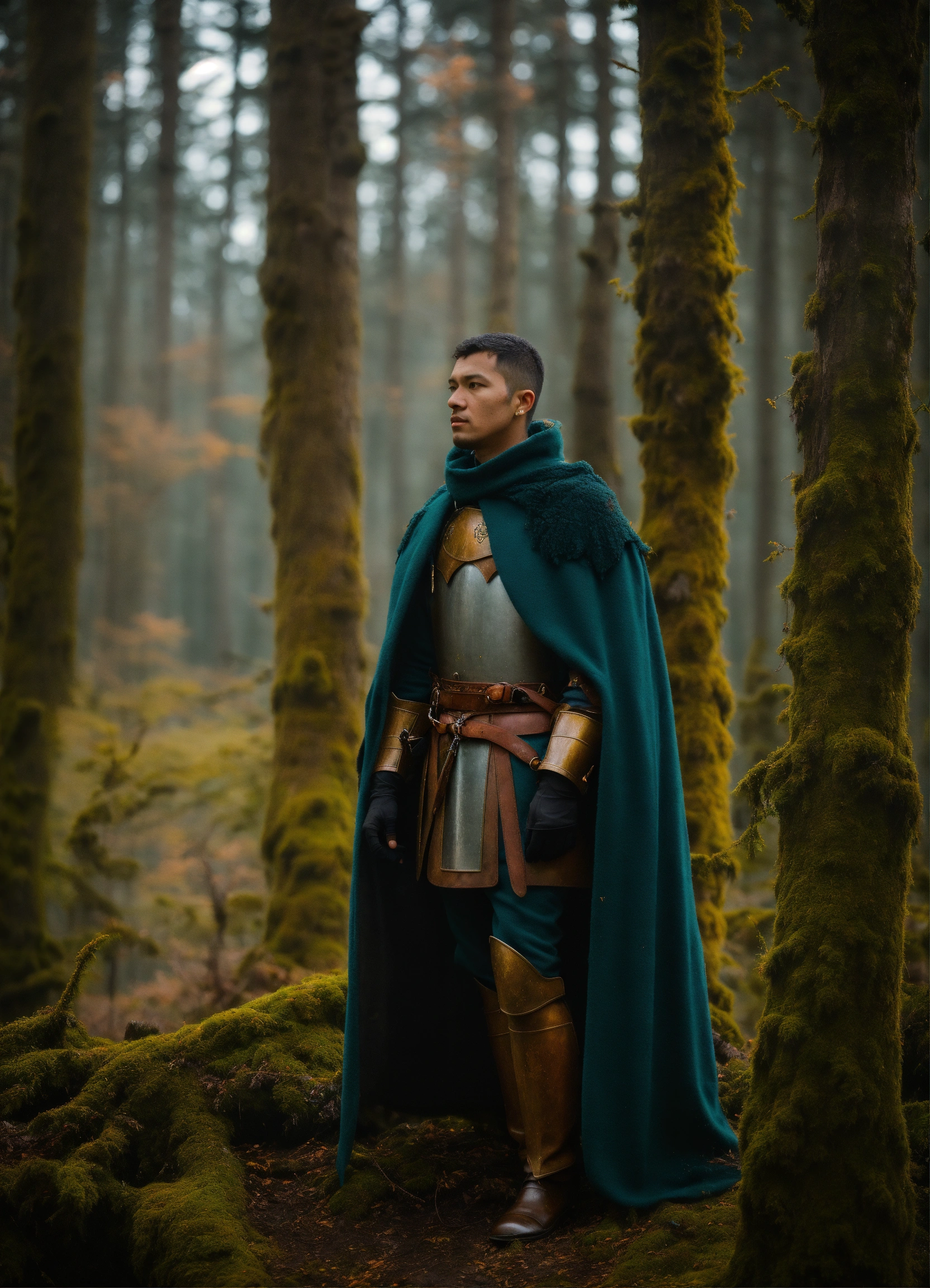 Lexica - A brave human knight among the trees, forest lake, moss, cold ...