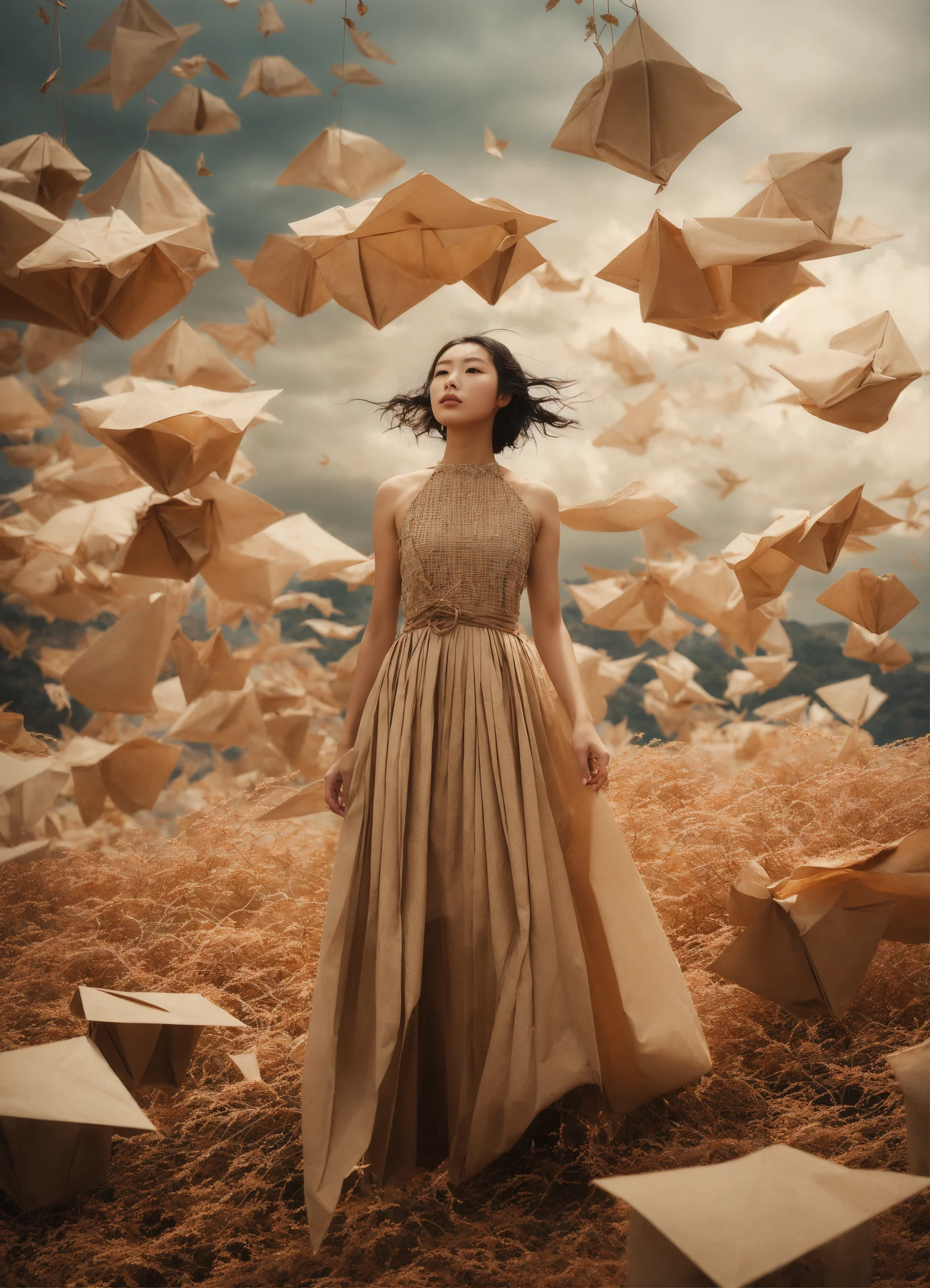 Lexica Paper Bag Clouds And Brown Origami Birds In The Sky Albino Japanese Model From 