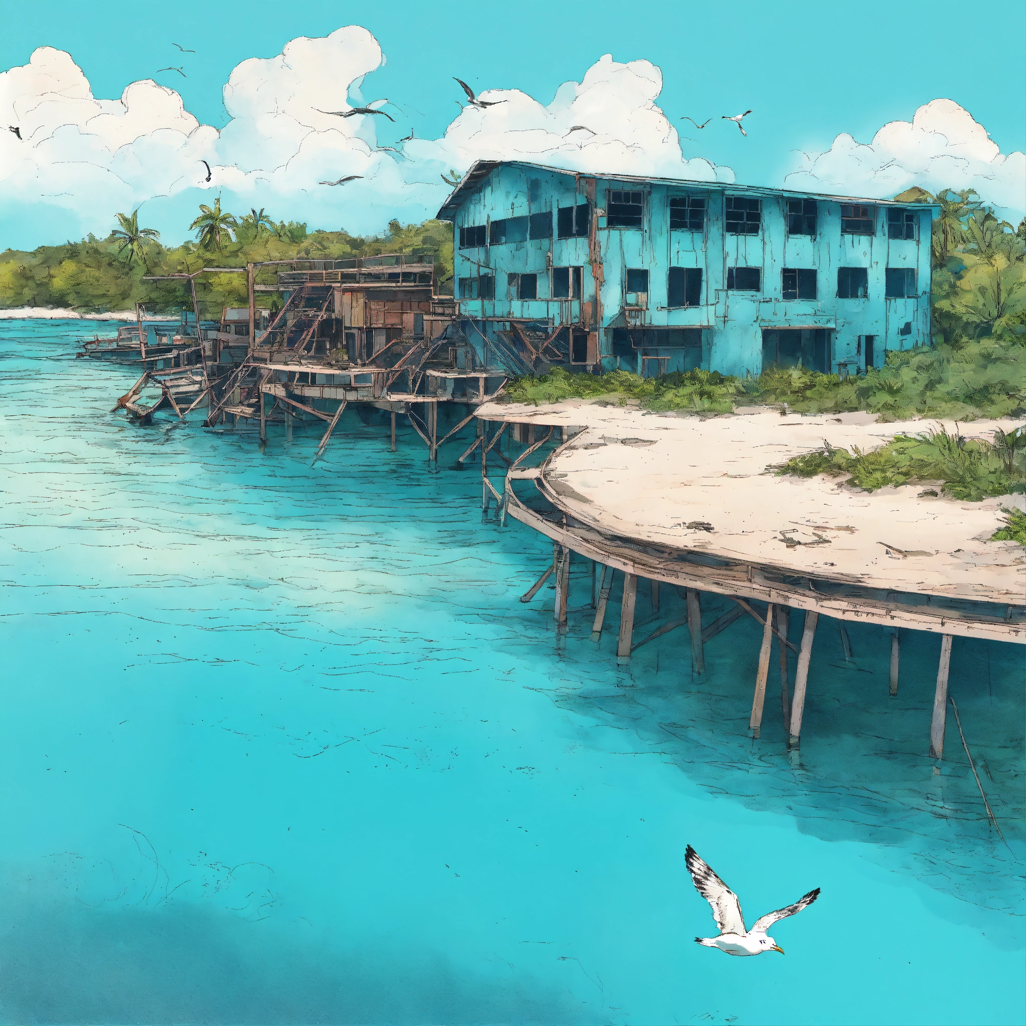 Lexica - A little seagull flying over an abandonned factory atoll beach ...