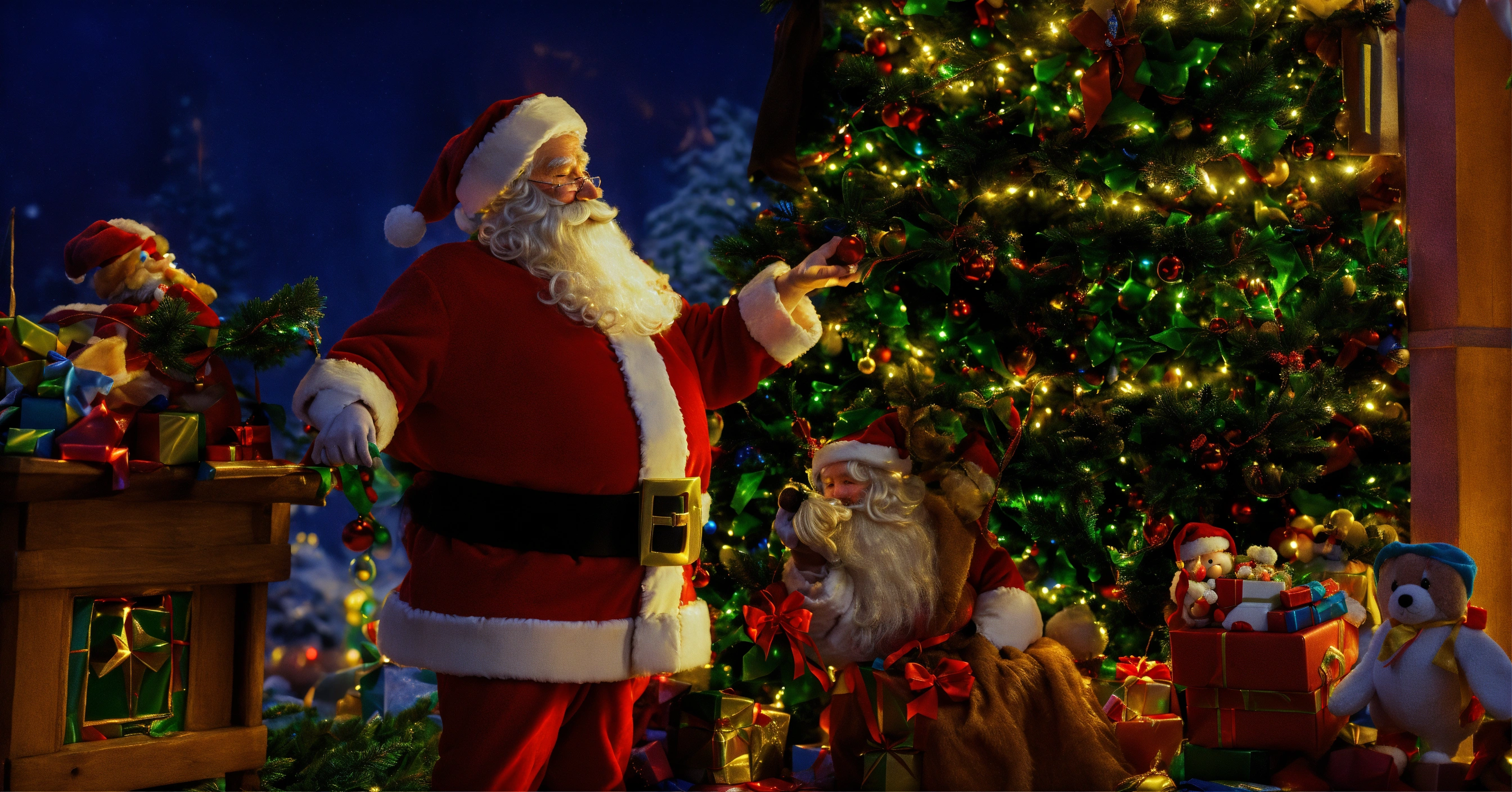 Lexica - Santa Claus, Christmas tree, with toys, in the New Year's forest
