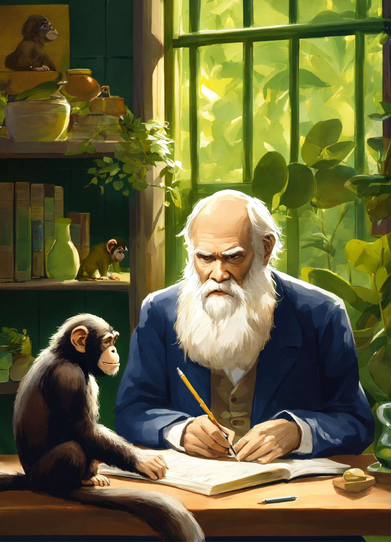 Lexica - Charles Darwin teaching a chimpanzee to write. cartoonish ...