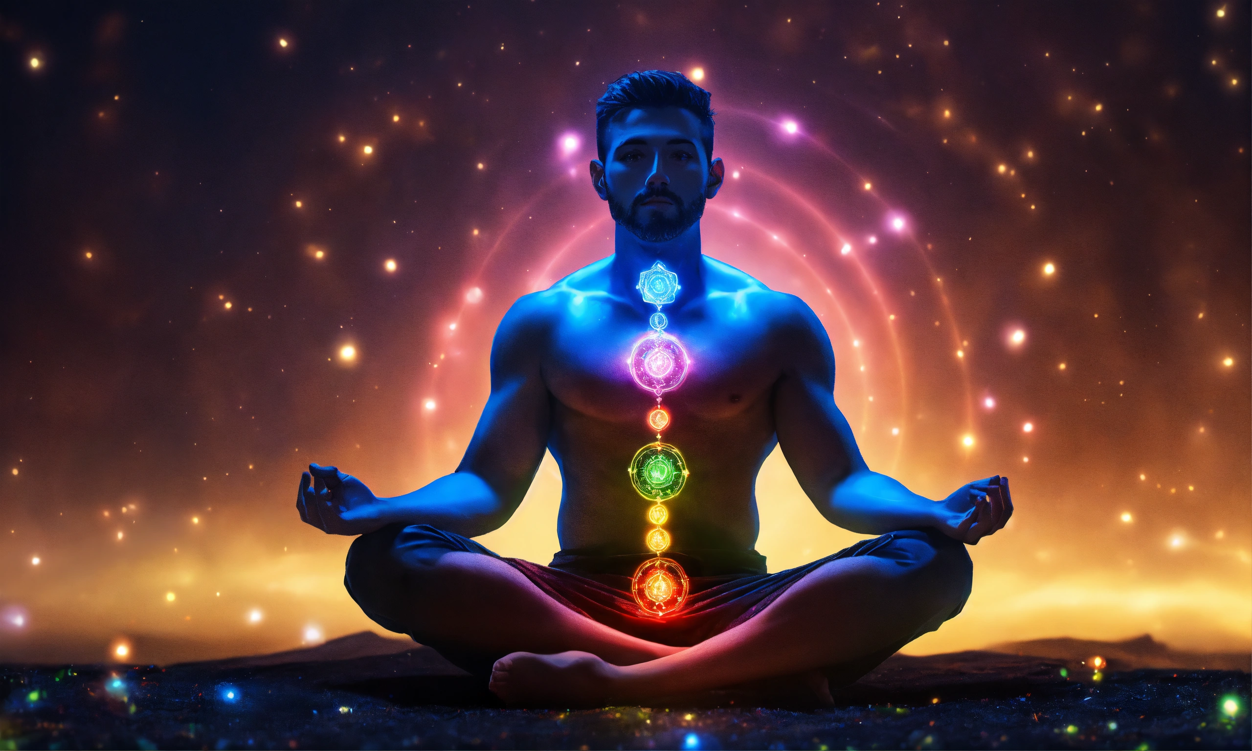 Lexica - Man sitting, chakras lit up, 4k, high resolution, photo quality