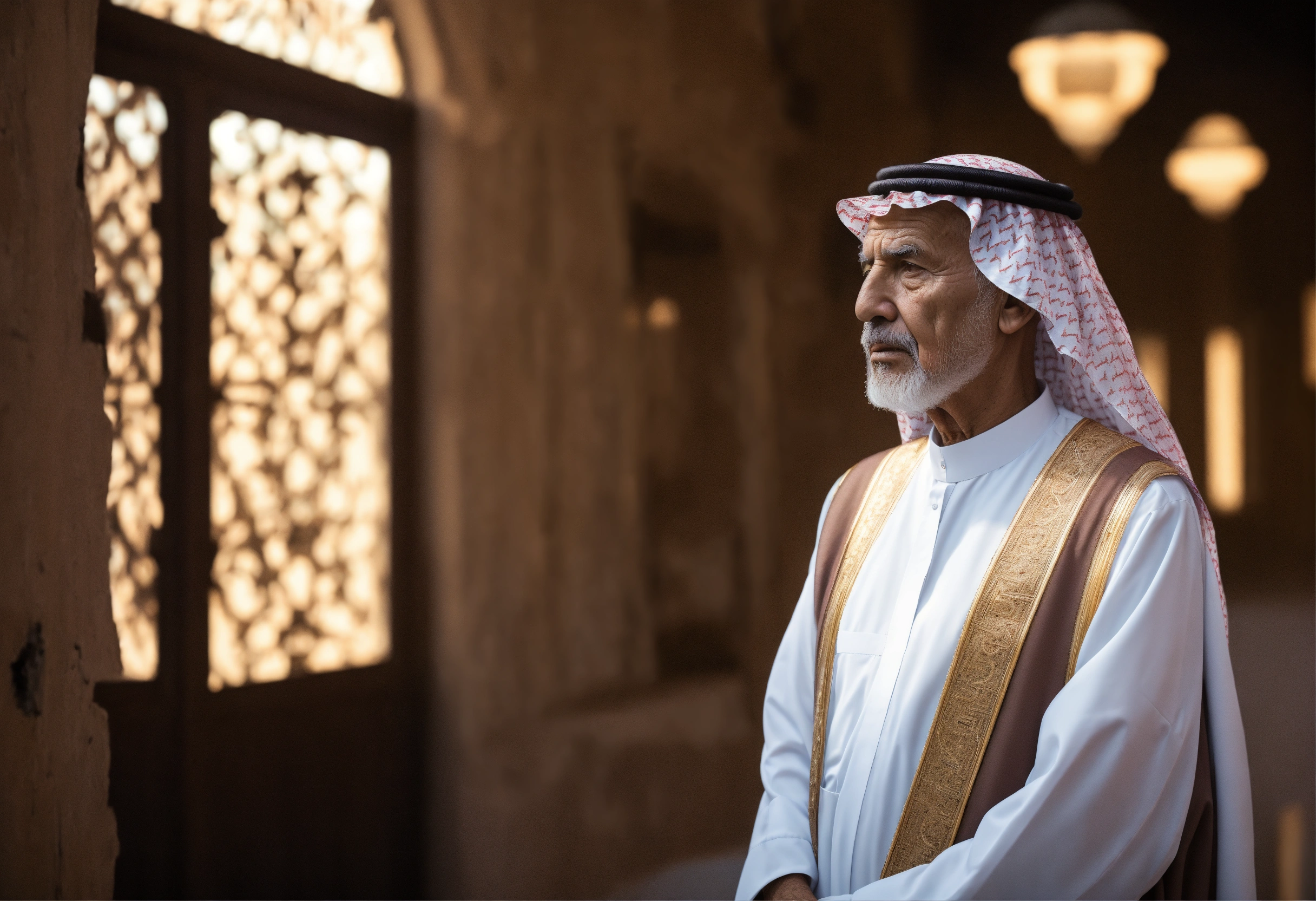 Lexica - Saudi old man official costume, standing, looking left, white ...