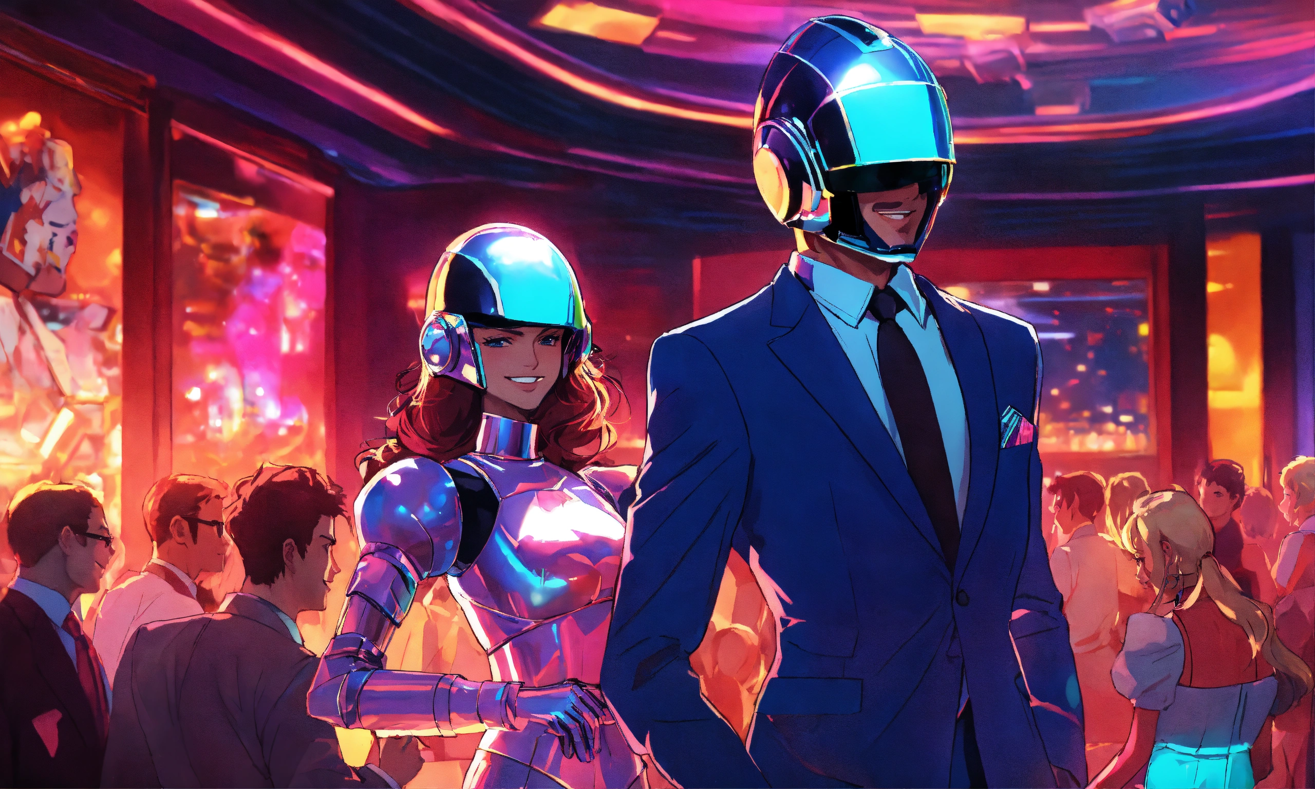 Lexica - 80s anime style, suited man smiling, dancing with a chrome helmet  female robot, in a club