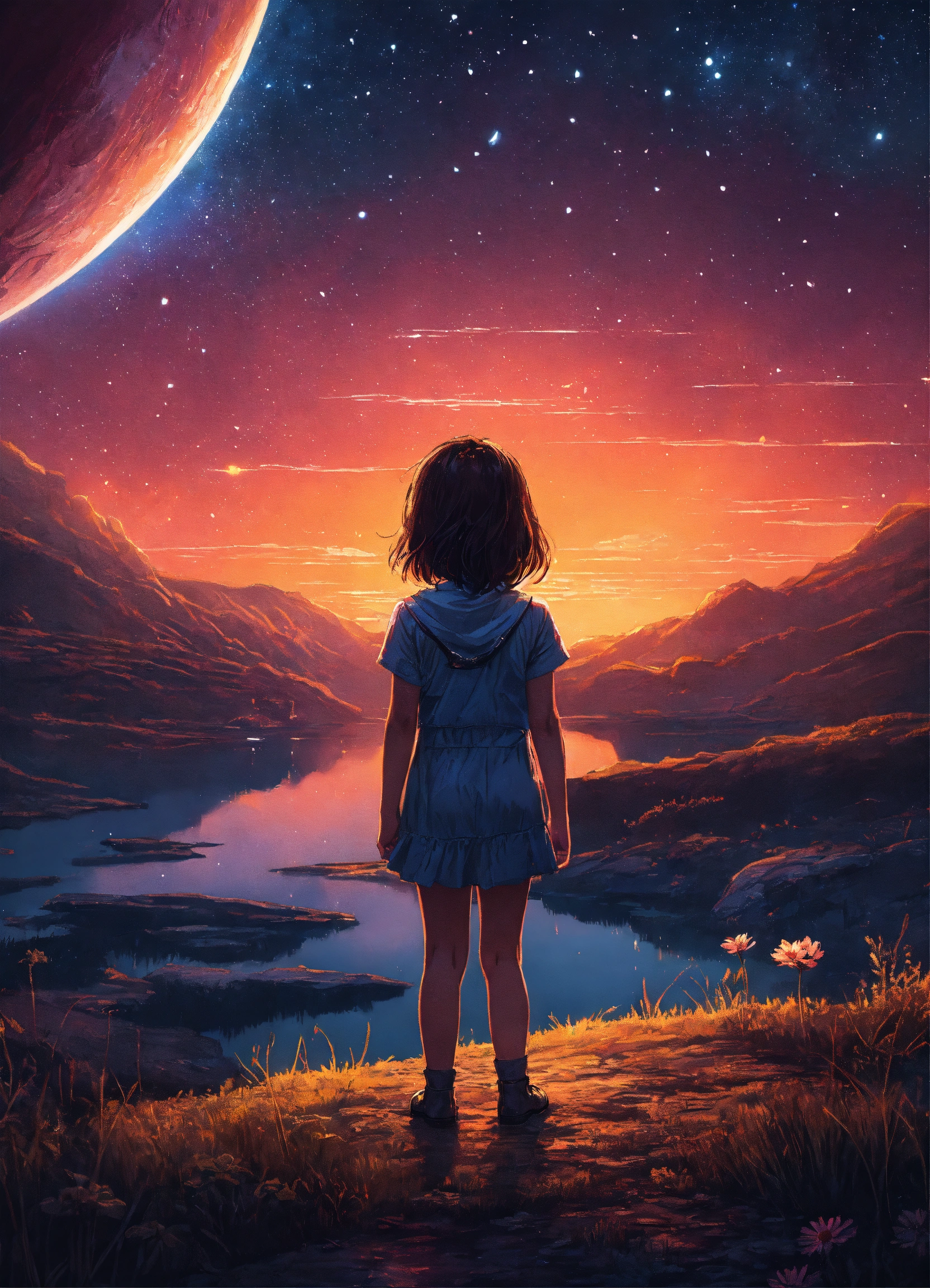 Lexica - By dan mumford, a little girl from behind looking at the stars ...