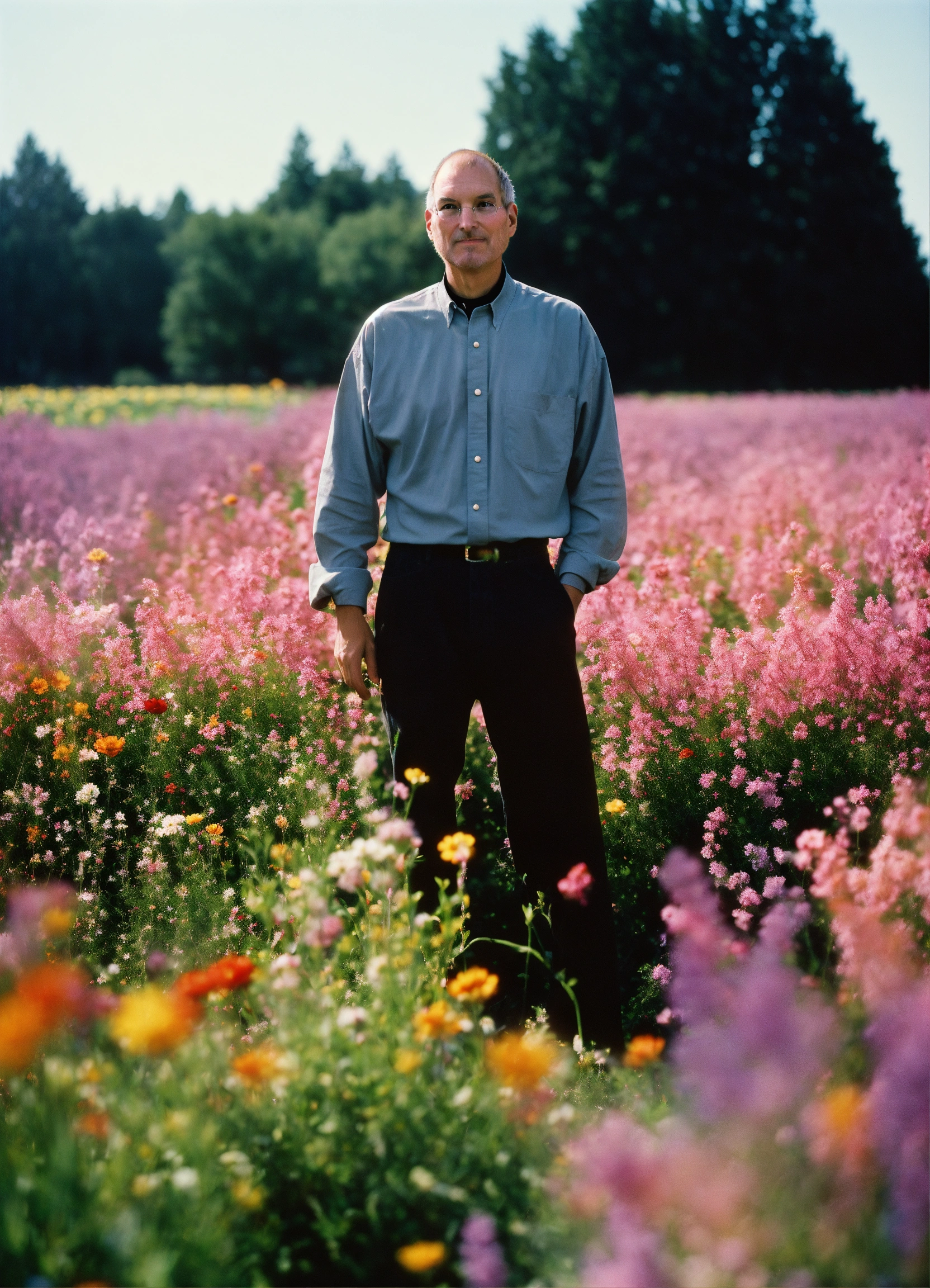 Lexica - Happy Steve Jobs standing in a beautiful field of flowers