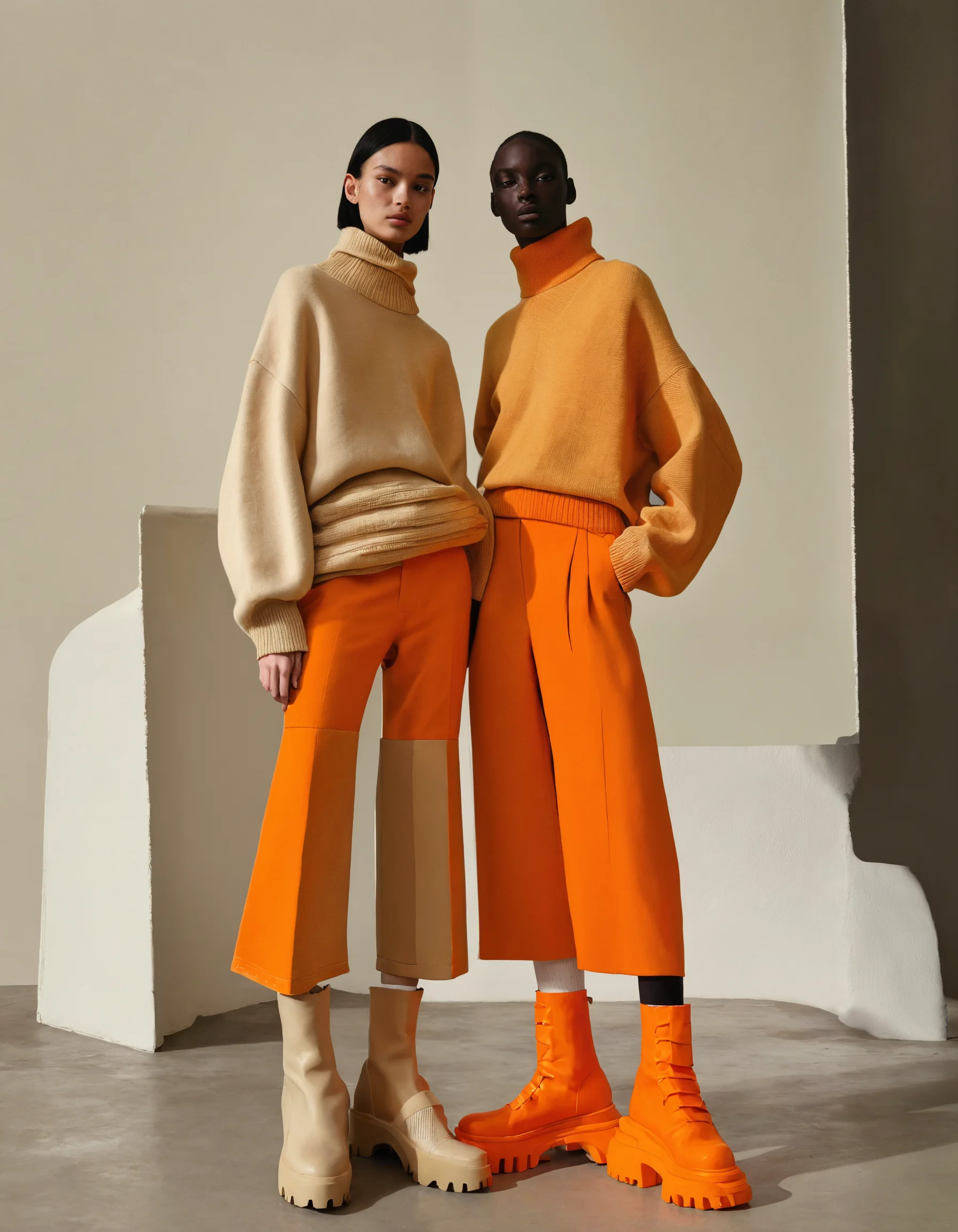 Lexica - Two models wearing orange sweaters and ankle boots, in the ...