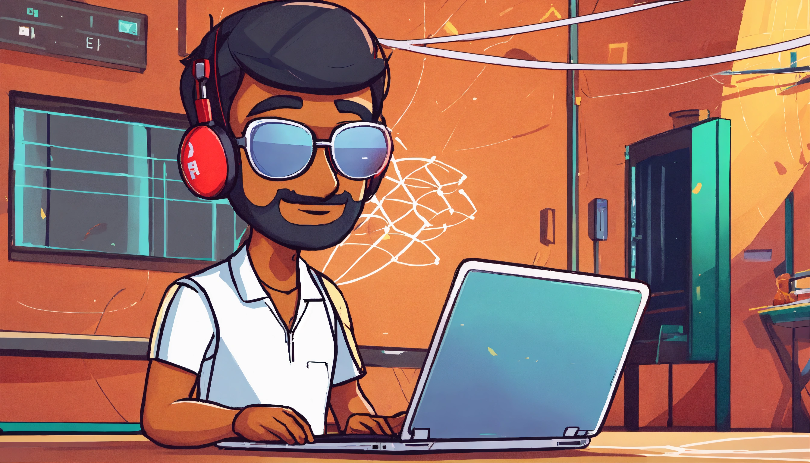 Lexica - Indian, smooth-faced man coding on a laptop with badminton ...