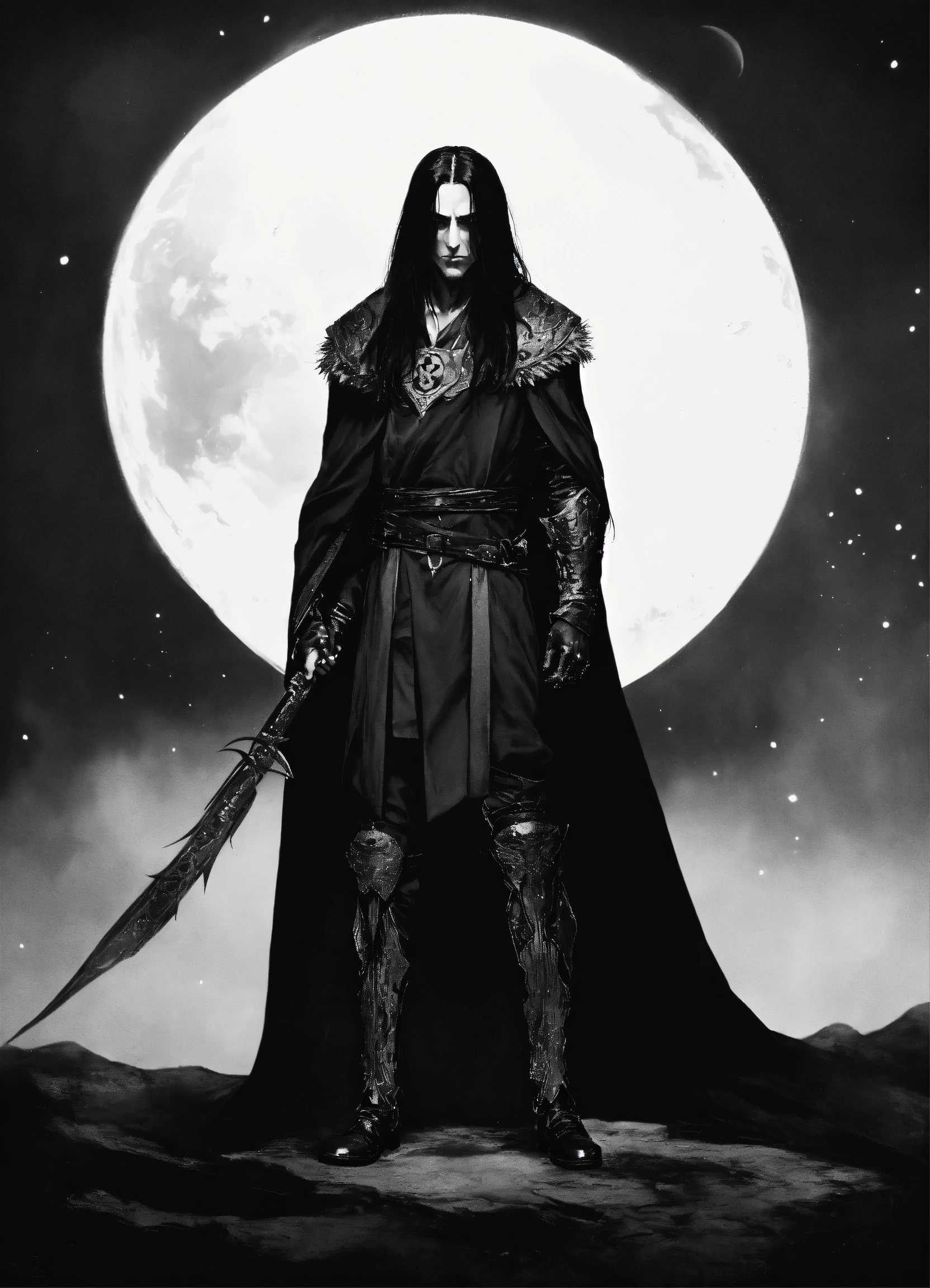 Lexica - A thin man with long black hair is dressed in a black ...