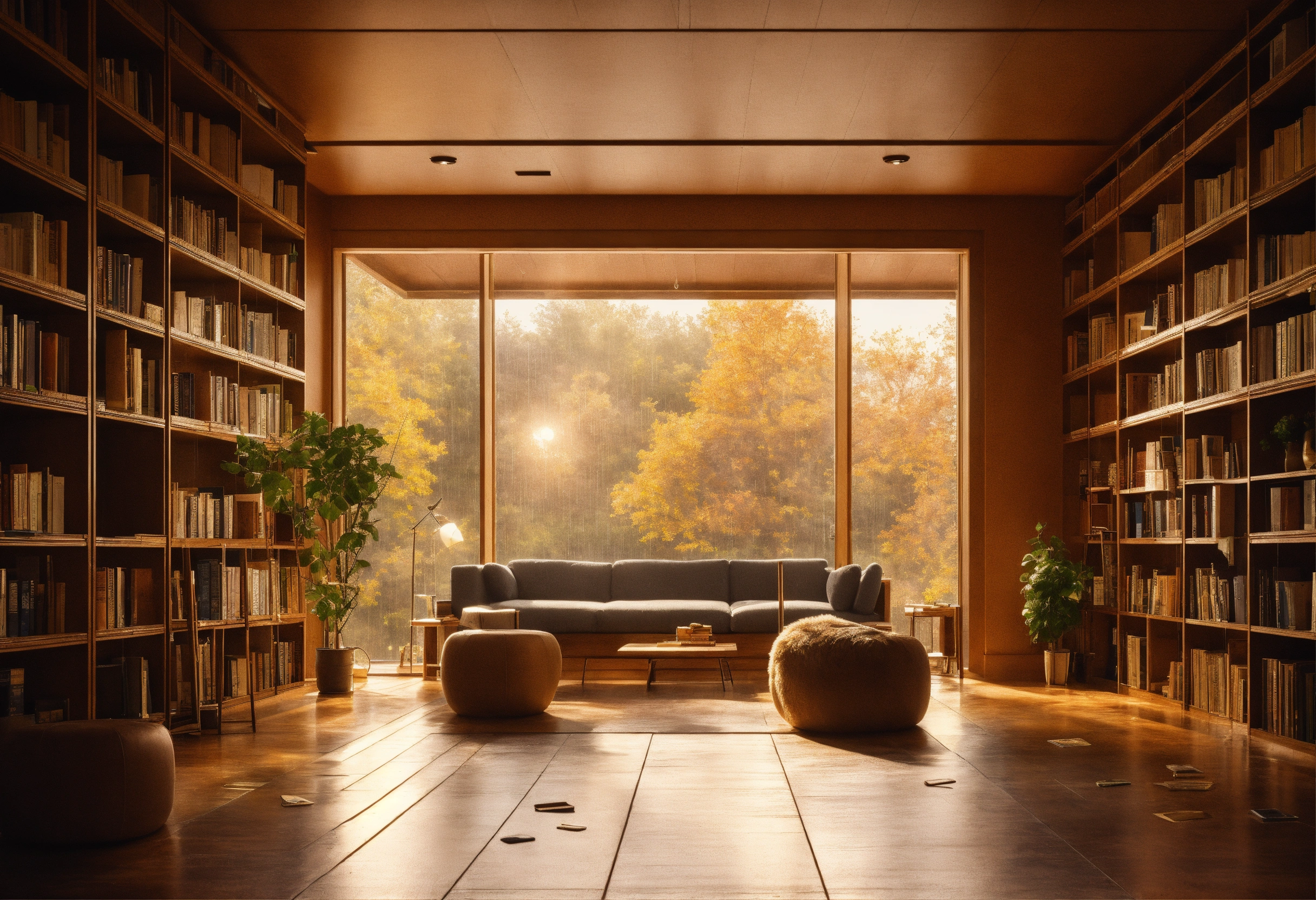 Lexica - A warm modern library interior. It’s raining outside, we can ...