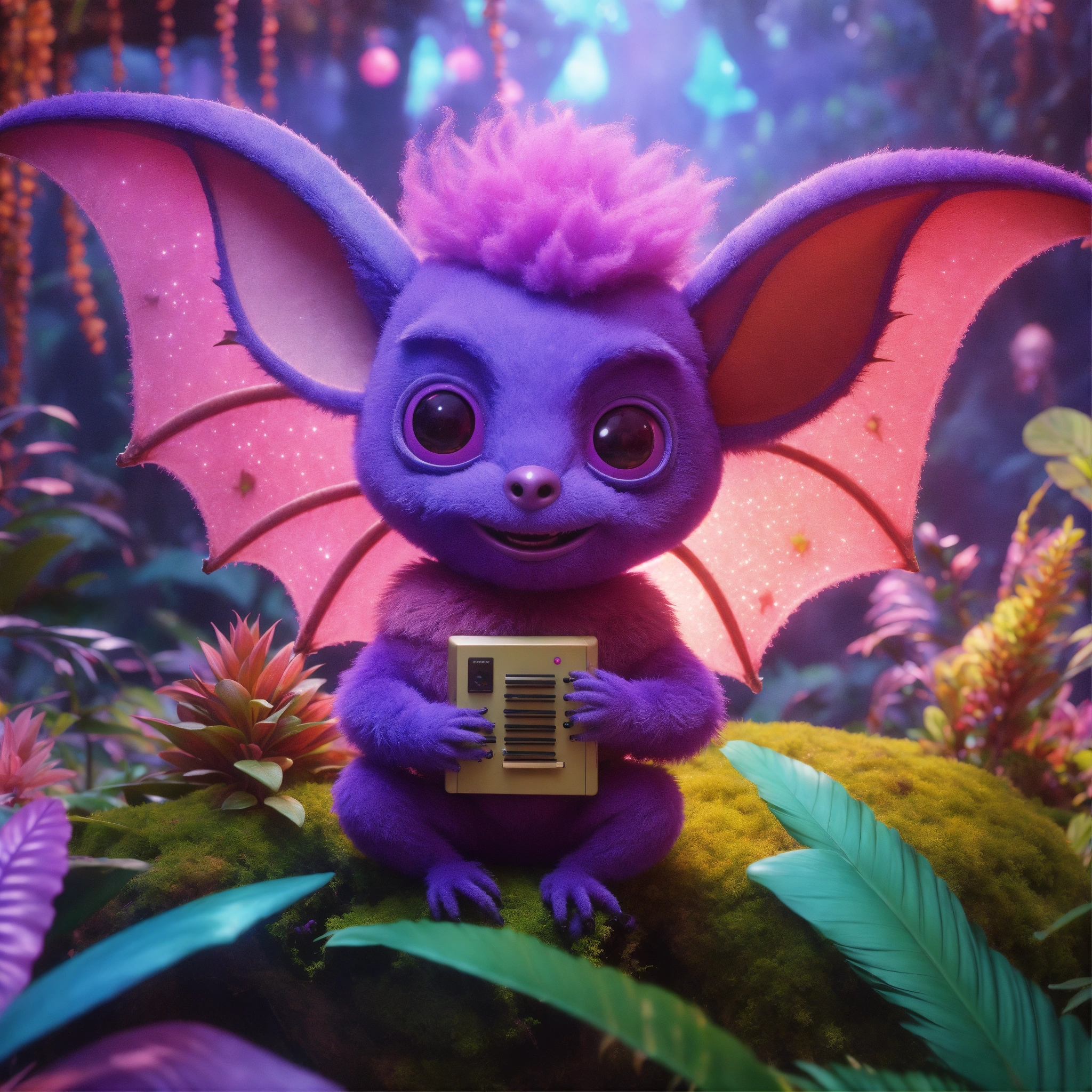 Lexica - Cute fuzzy pink and purple alien fruitbat character with big ...