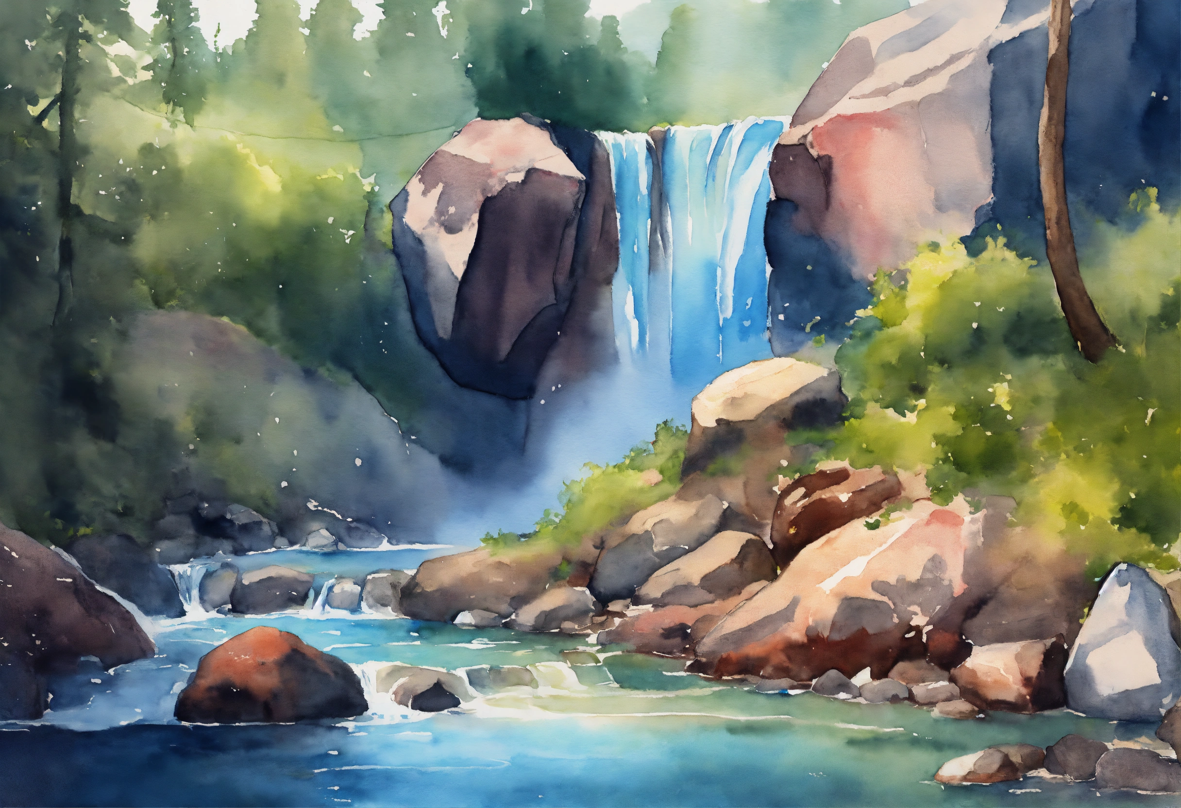 Lexica - Waterfall watercolor paint with rocks on side, 8k