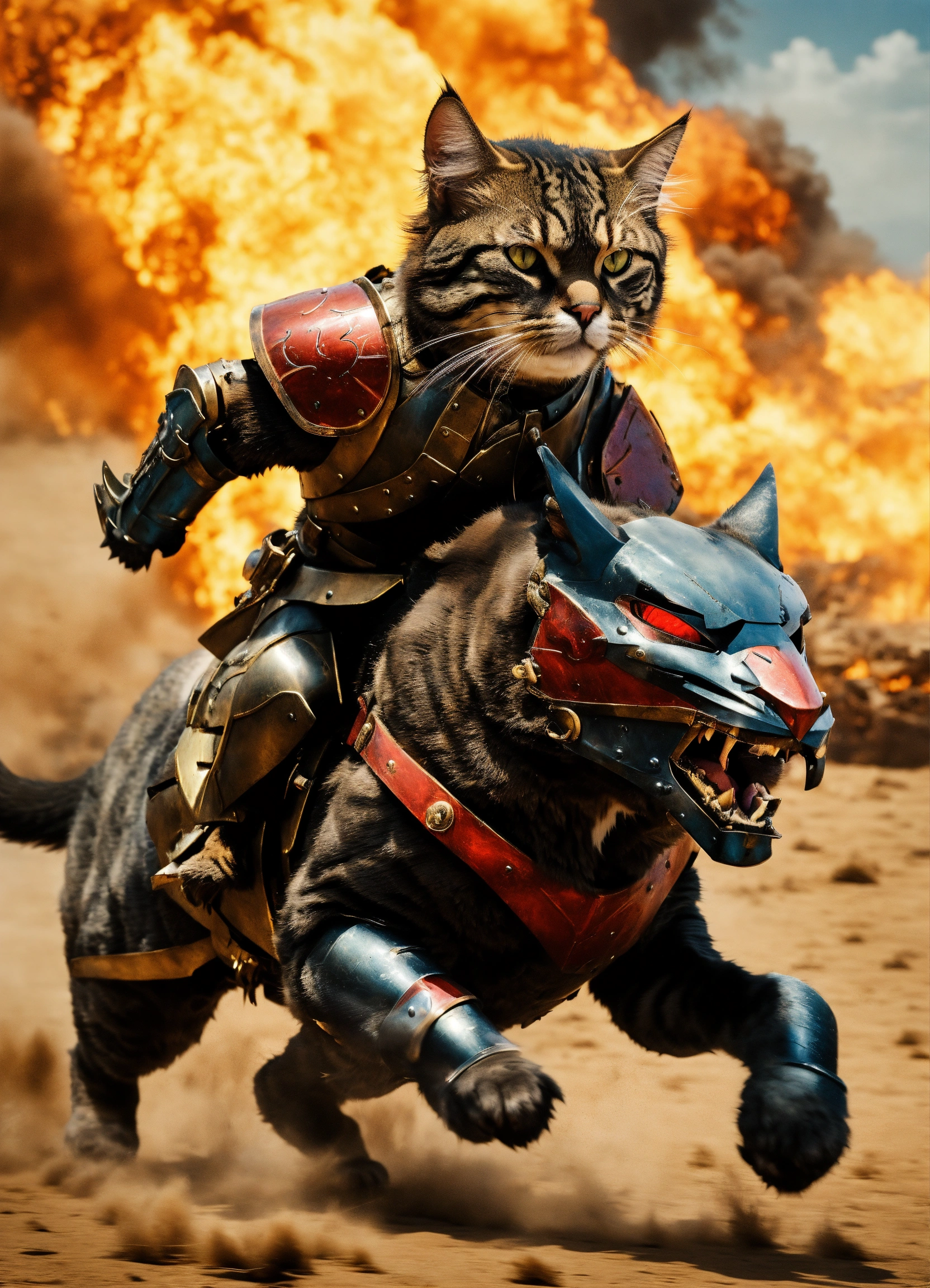 Lexica - A battle cat wearing armor, running across a battlefield ...
