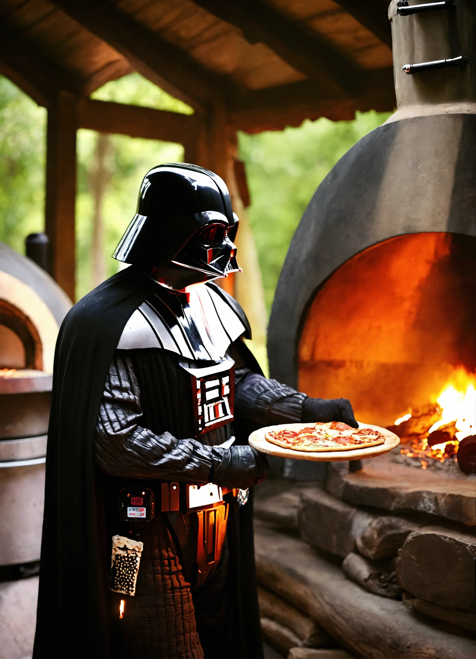 Lexica - Darth Vader baking pizza in front of a wood-fired oven, portra 400