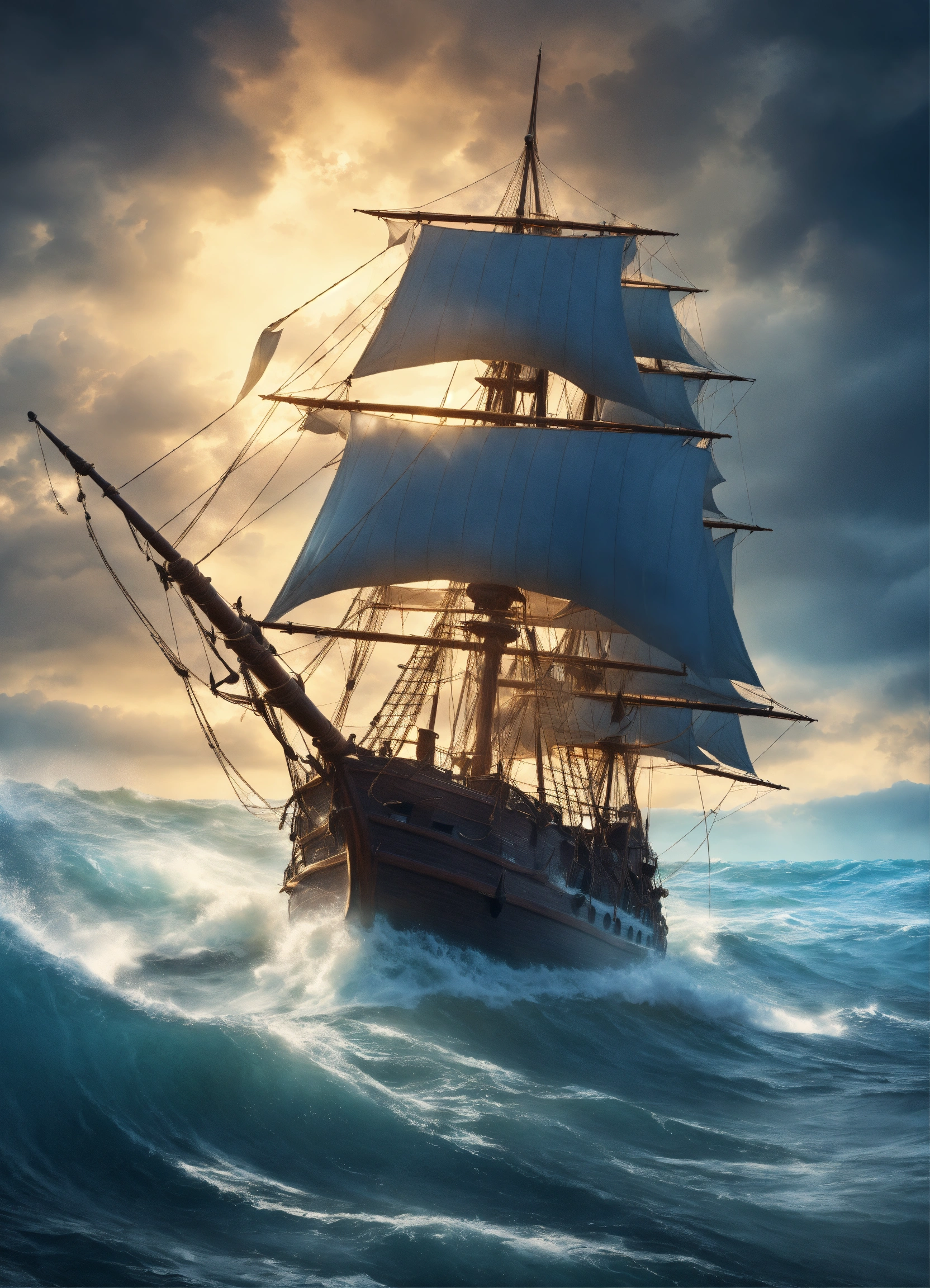 Lexica - Pirate ship damaged sails sailing forward in the waves of a ...