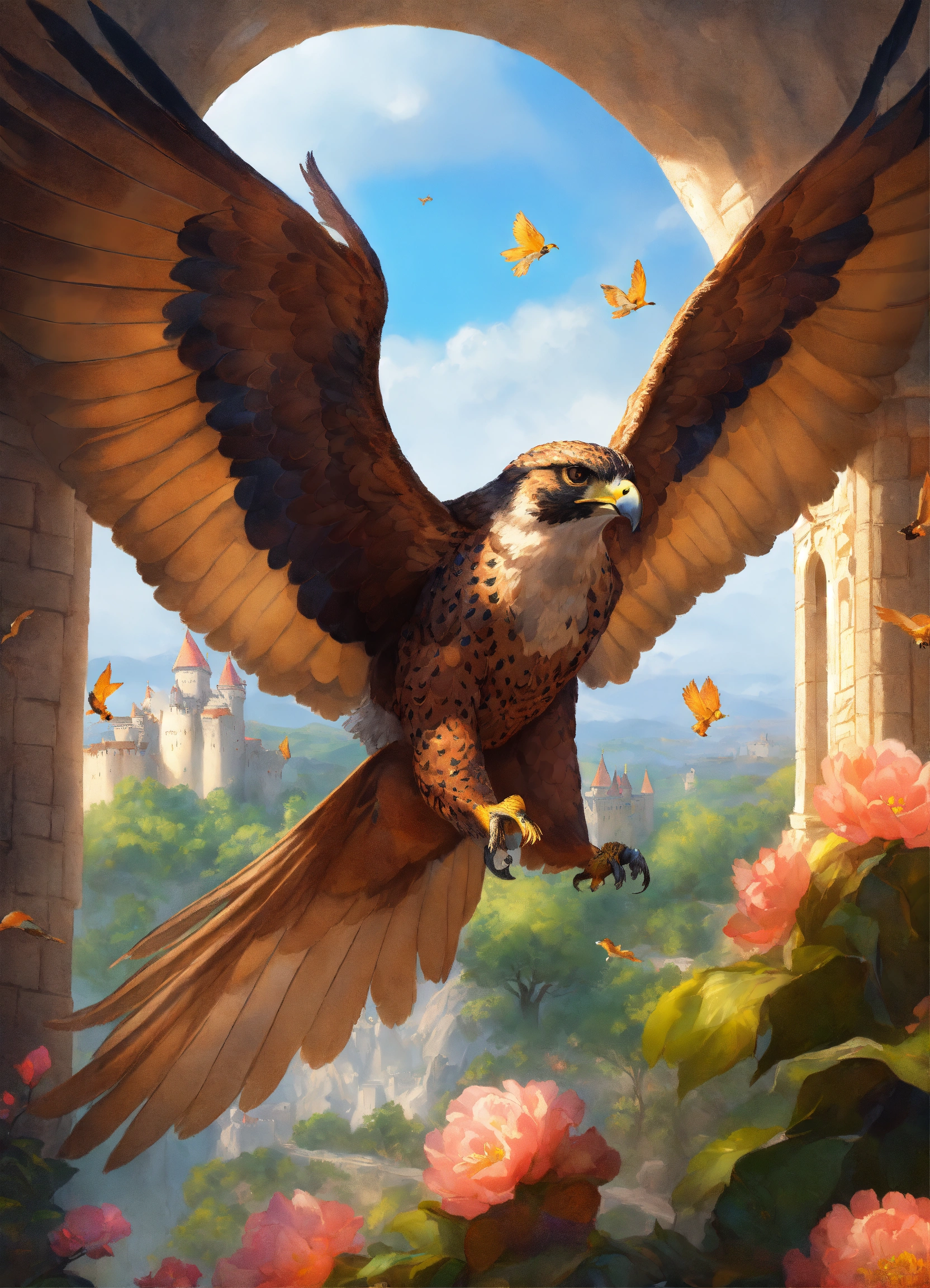 Lexica - Big animal falcon, wears magical armor, flying around castle ...