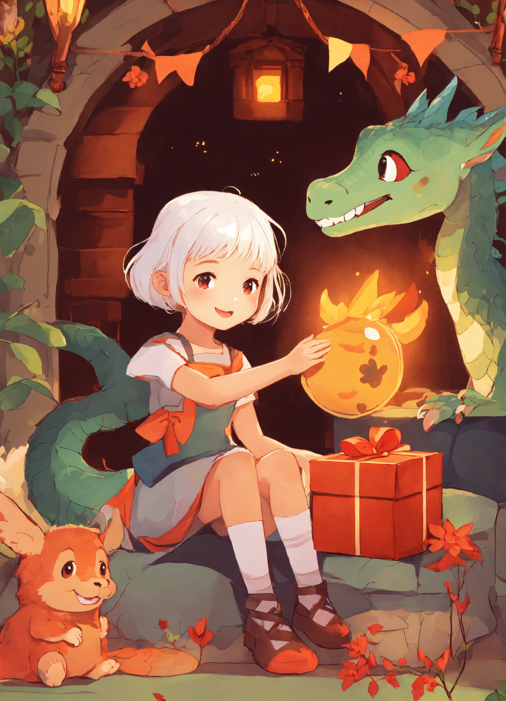 Lexica - The girl is holding a gift 3 years white hair shortold box ...