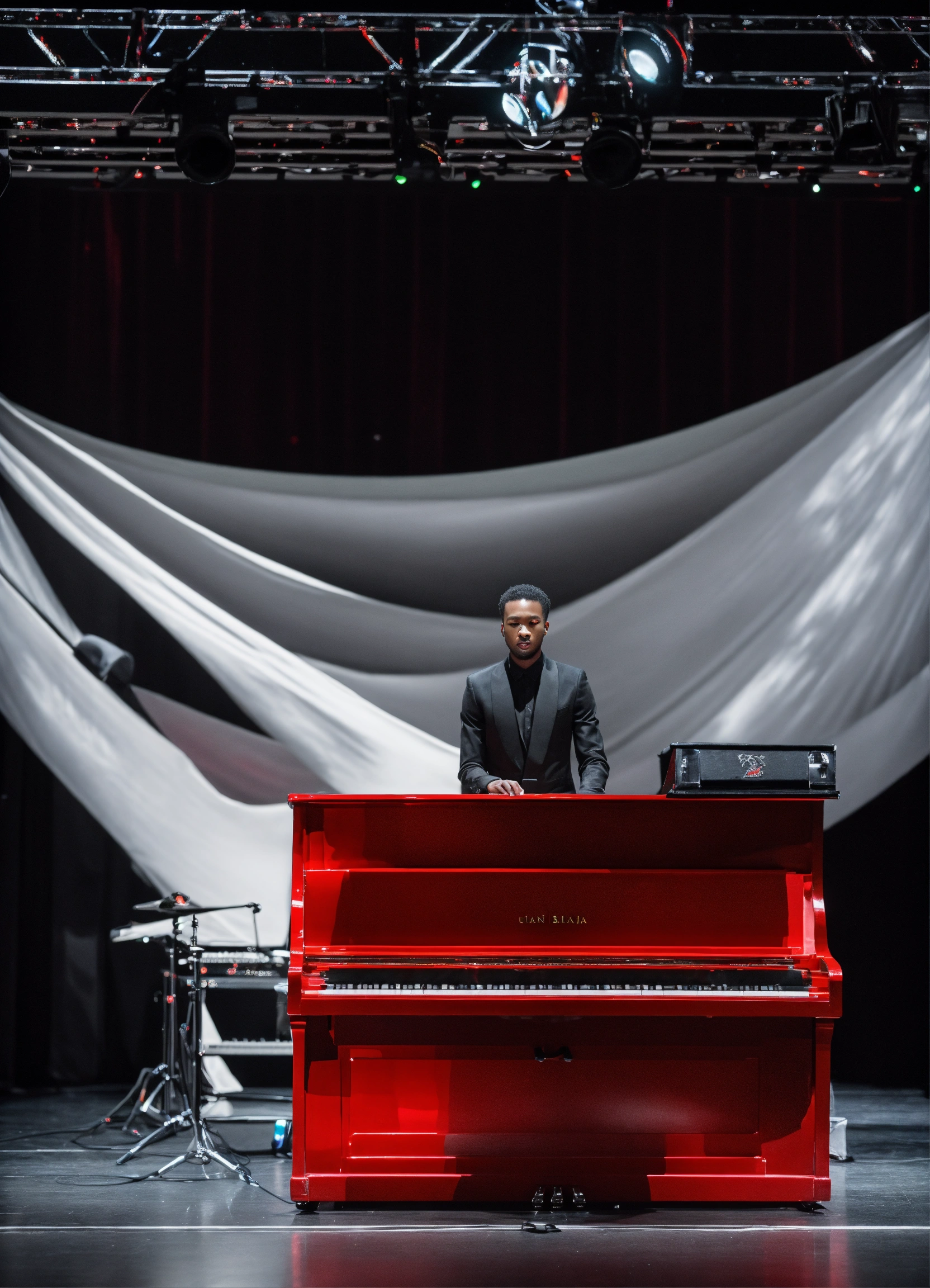 Lexica - An image on an all-black stage with a red piano and a pianist ...