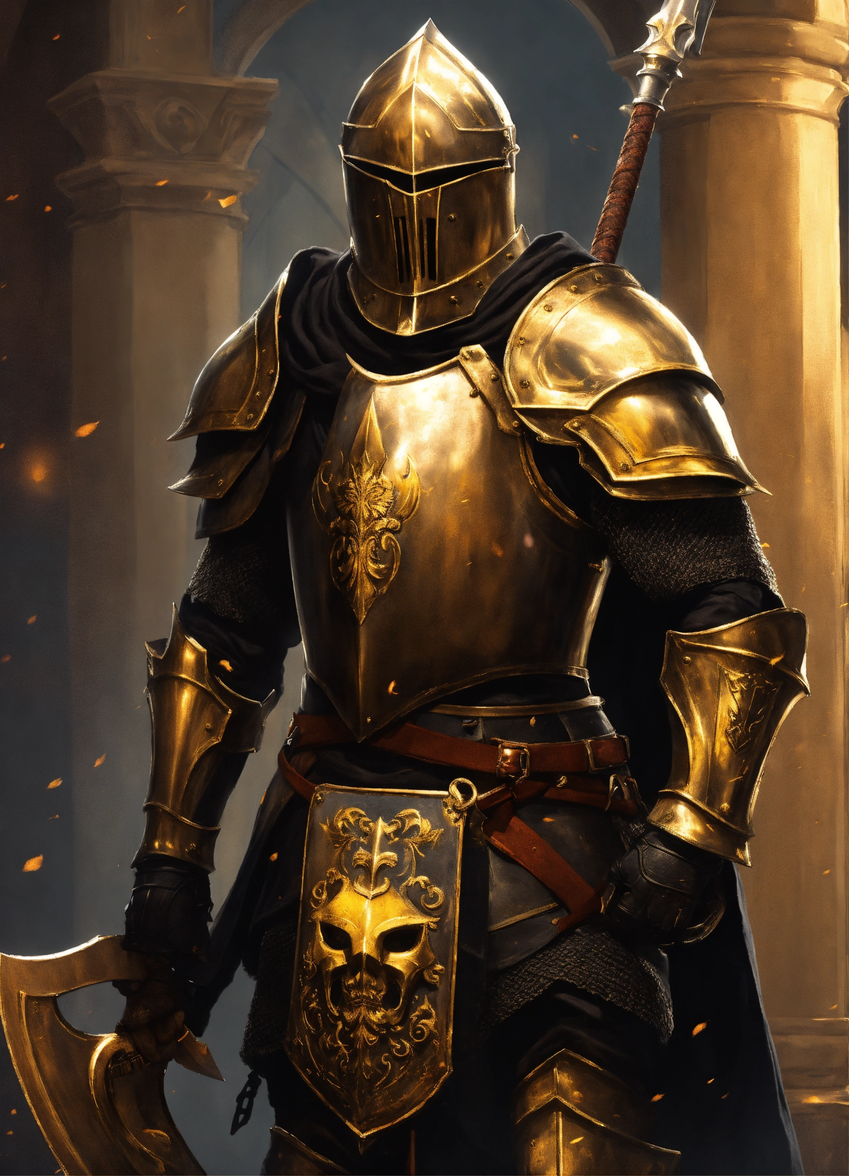 Lexica - A slender medieval knight wearing black and gold armor ...