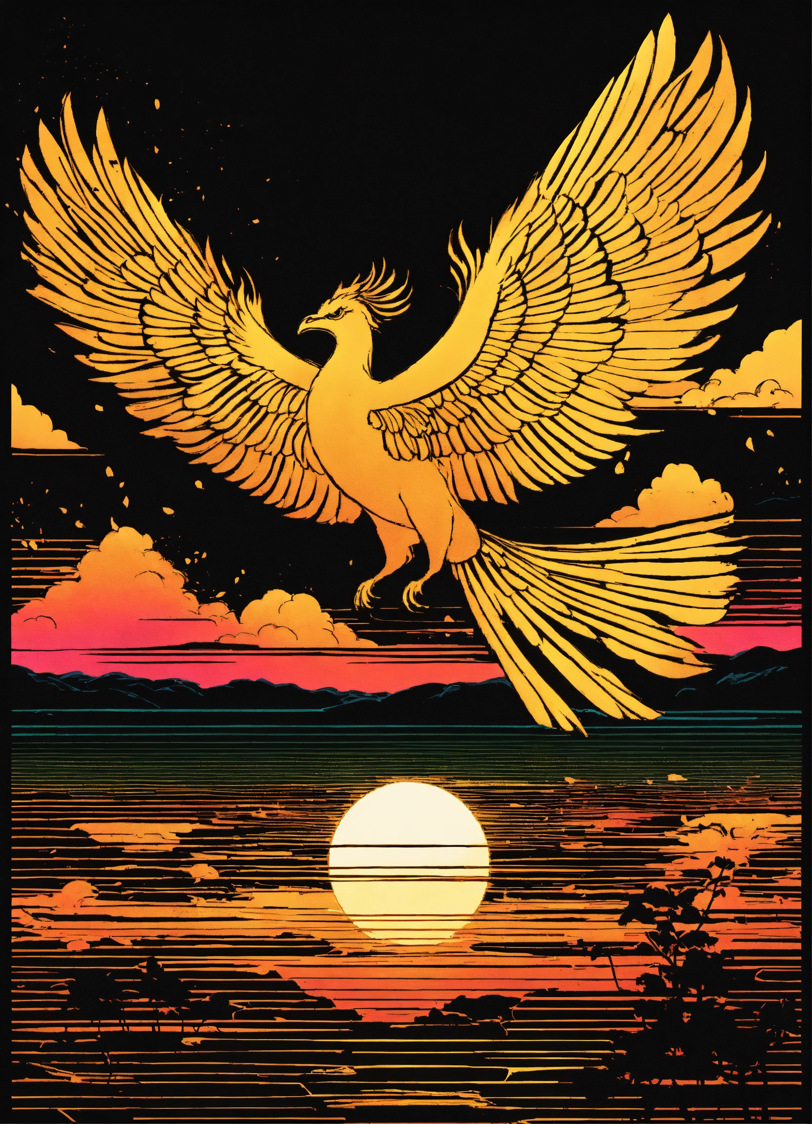 Lexica - A golden phoenix on a black background with a sunrise in the ...