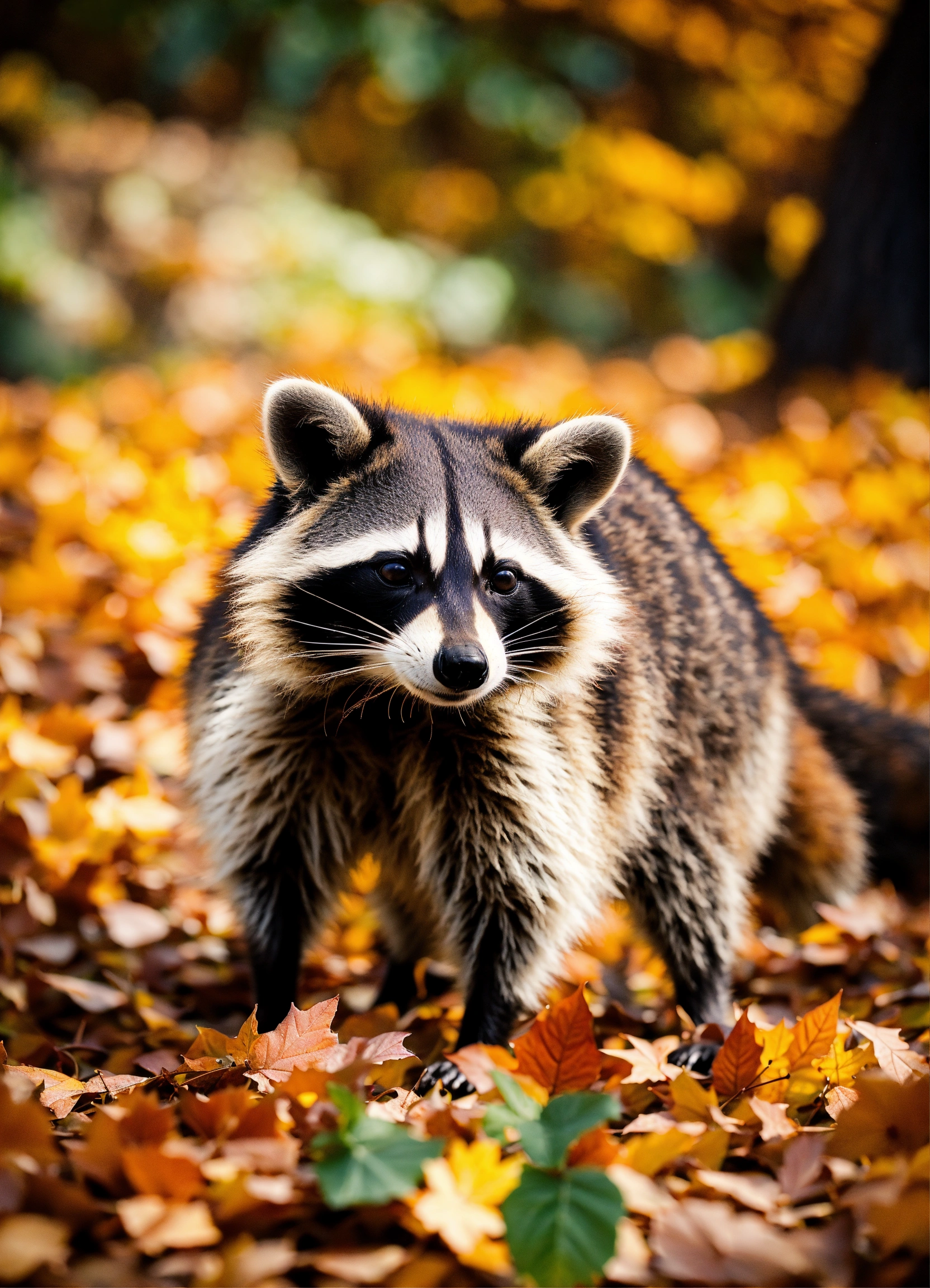 Lexica - A photograph of a raccoon enjoying the fall season, life-like