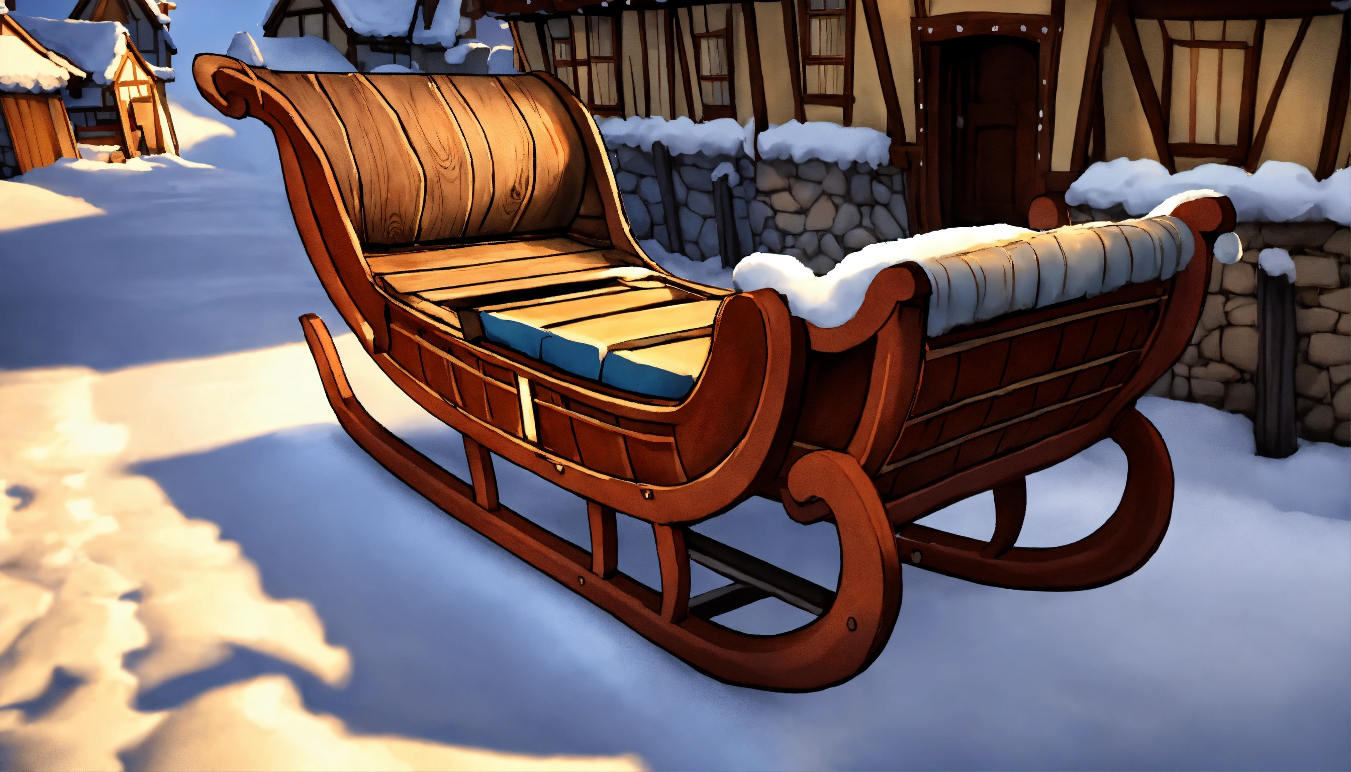 Lexica - A cartoon-style empty wooden sleigh in a snowy medieval village