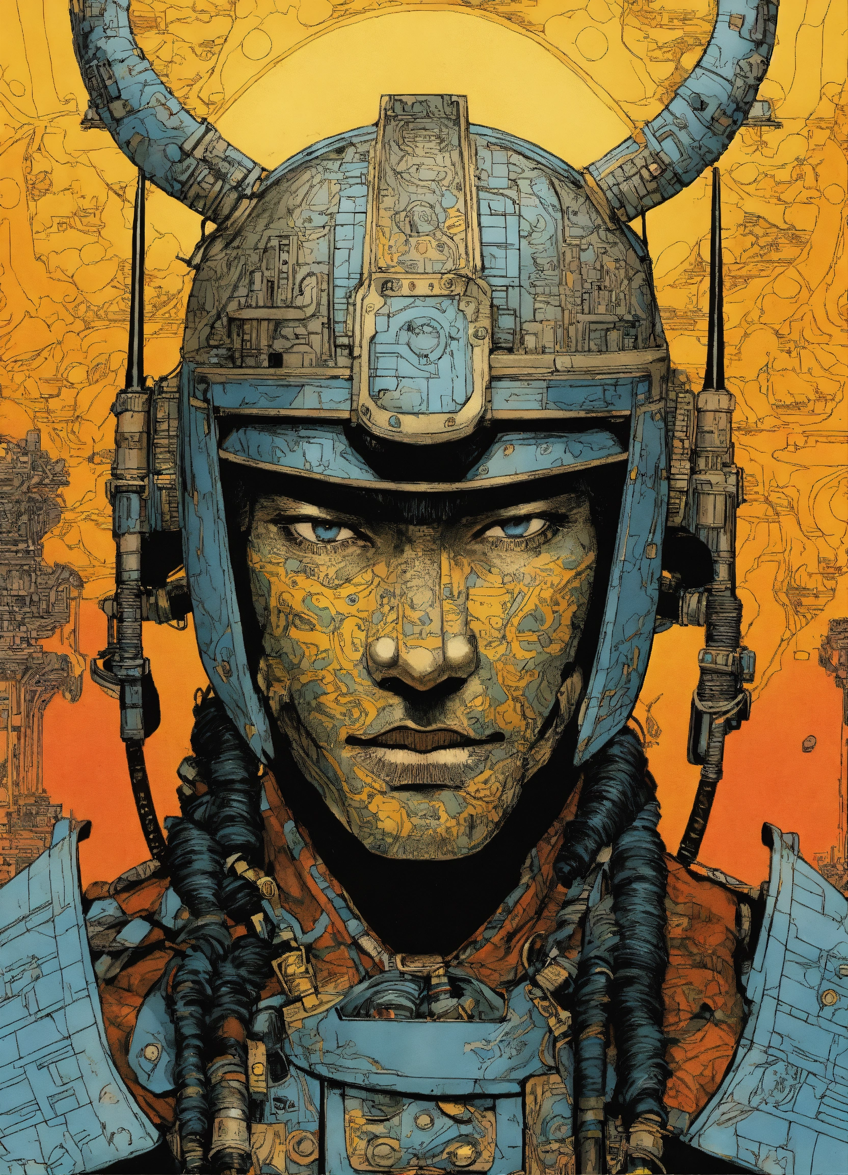 Lexica - Detailed pen and ink illustration of a samurai cyborg, head ...