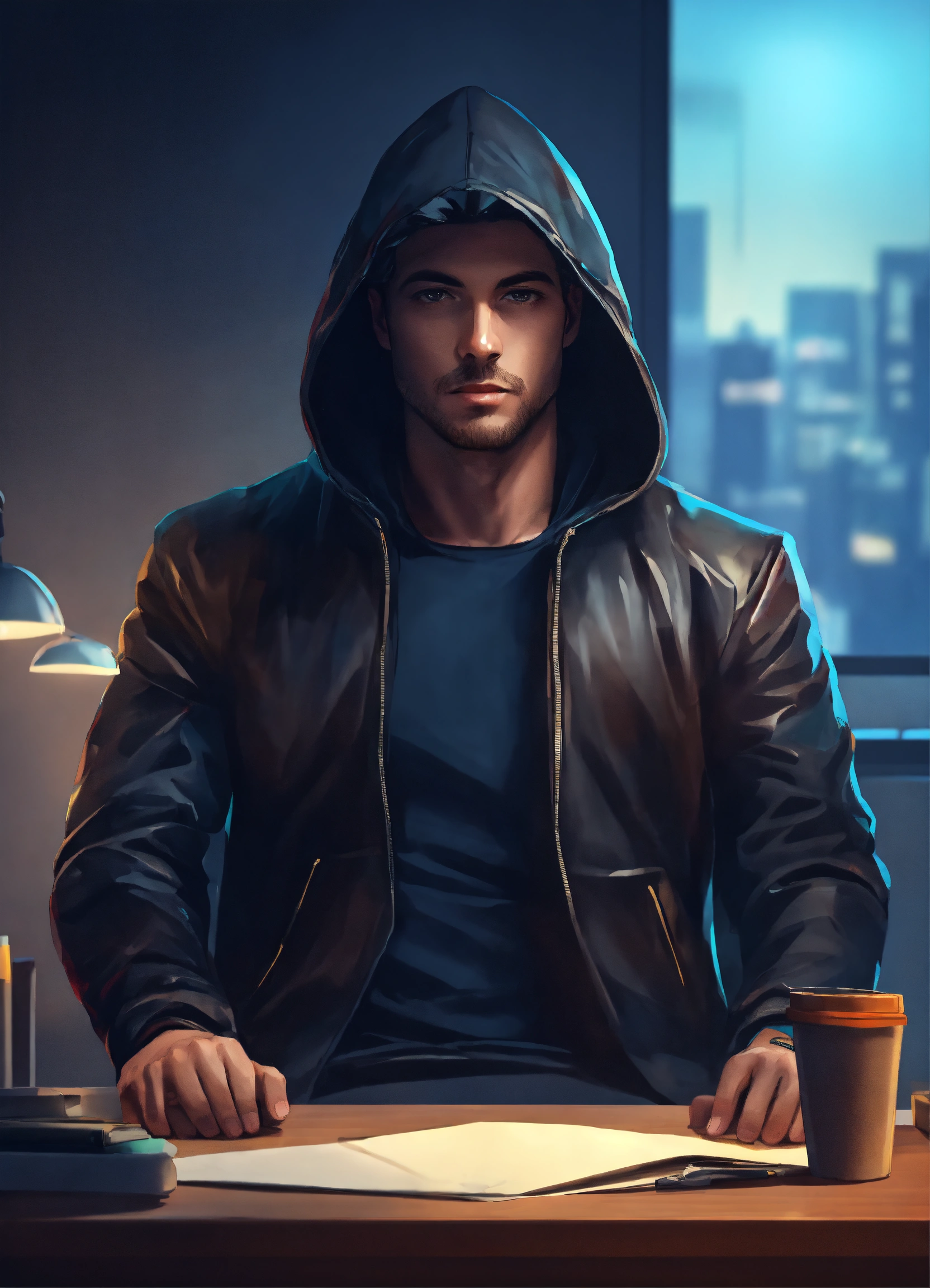 Lexica - Cartoon style man sitting on office desk with the hood on the ...