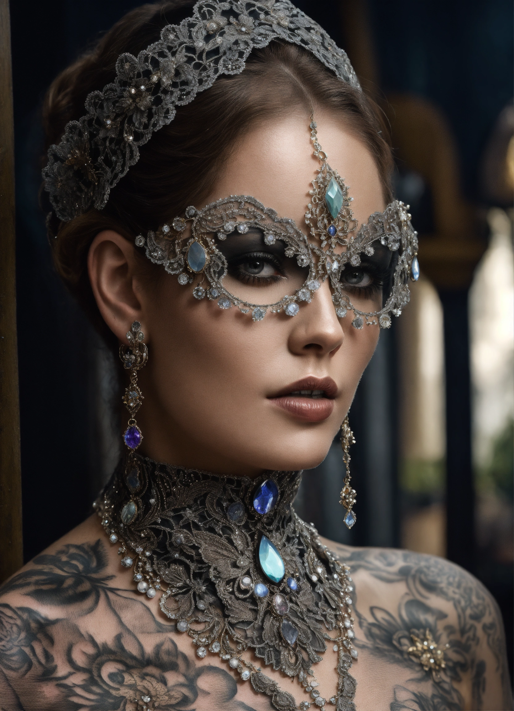 Lexica - A woman wearing luxurious detailed shades of silver and dark ...