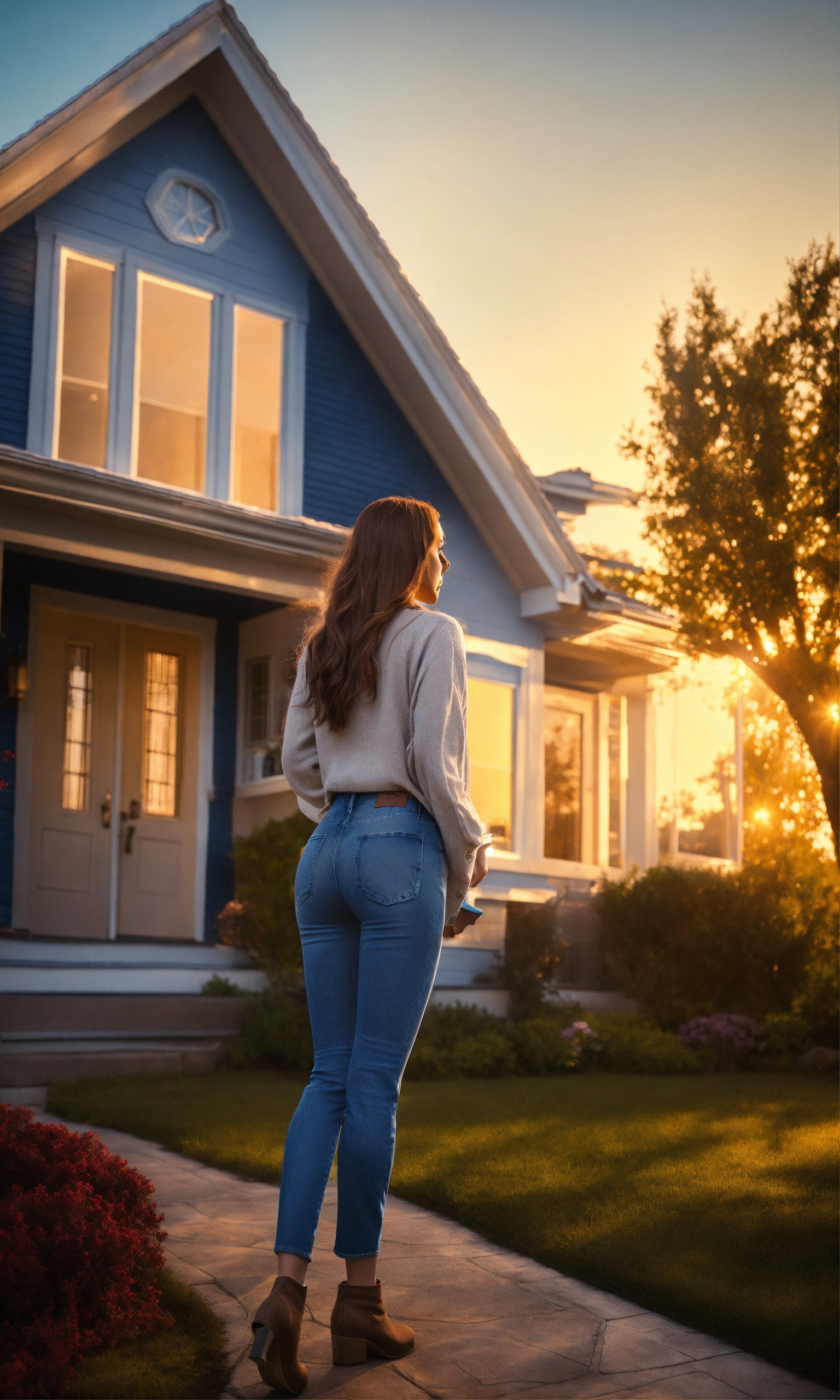 Lexica - American woman in blue Jeans, standing outside a home, looking ...