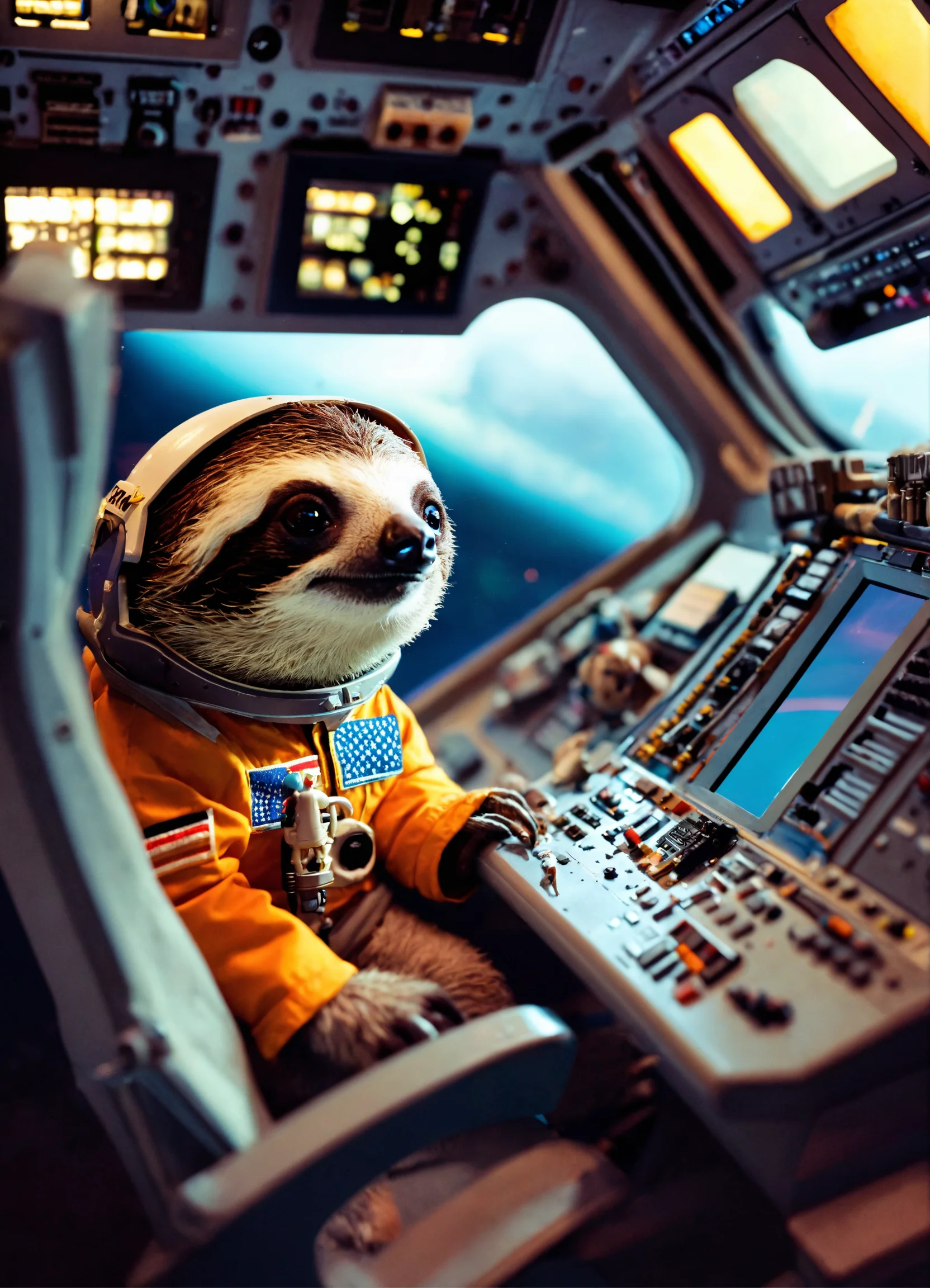 Lexica - A cute and tiny sloth captain inside the Space Shuttle's ...