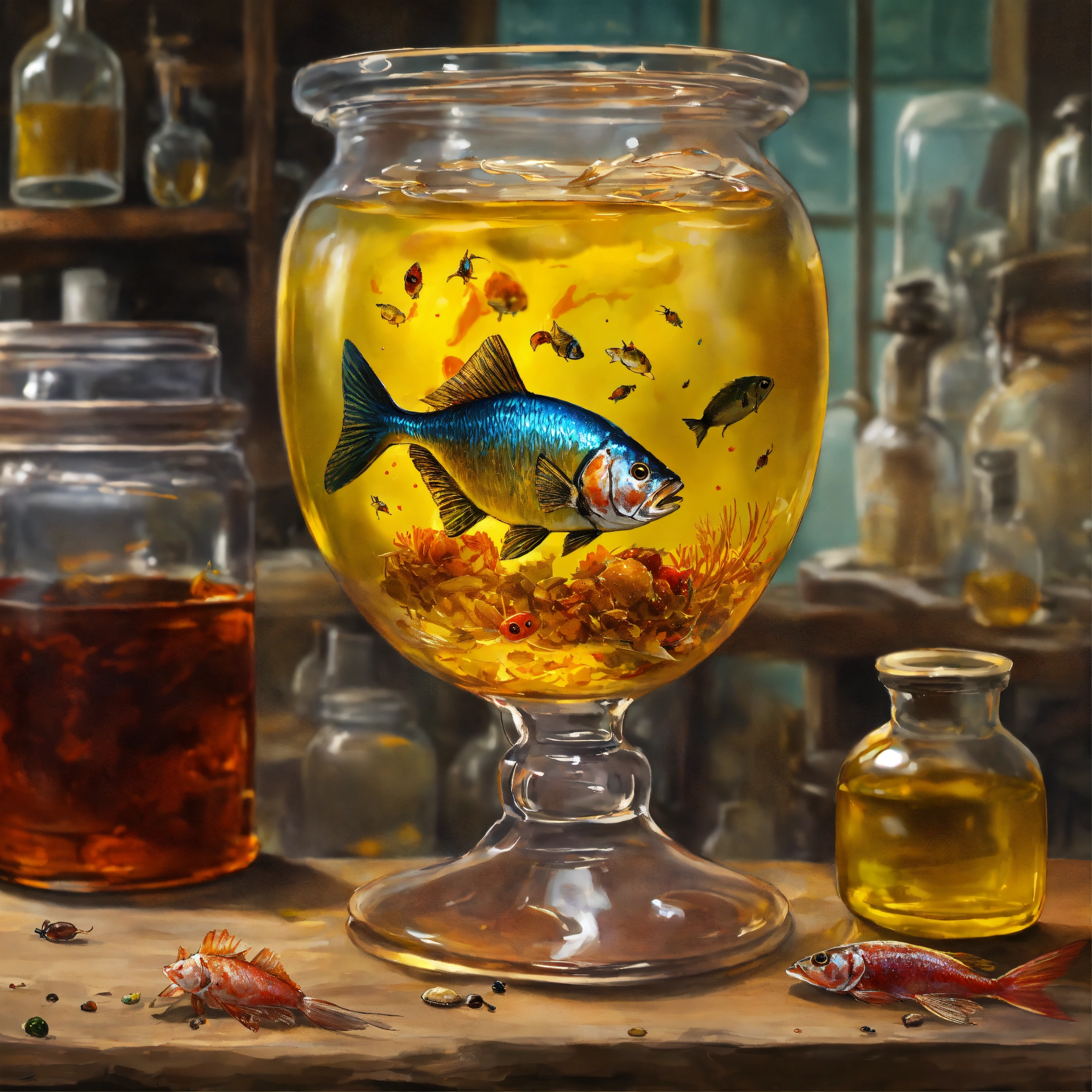 Lexica - Concept art of a vintage glass of yellow oil, fish head and ...