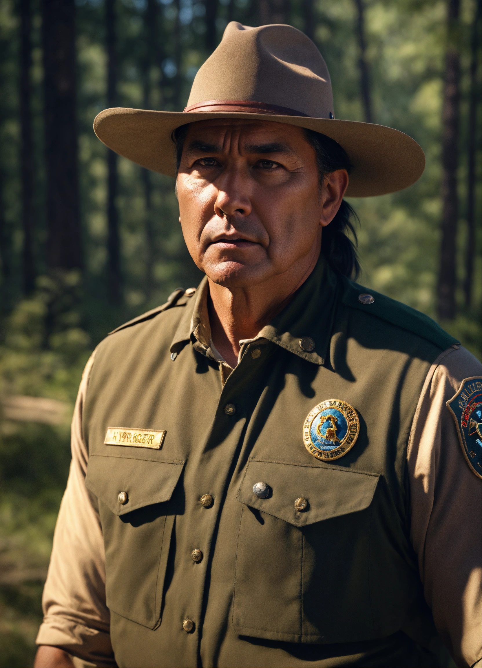 Lexica - Portrait of an native american park ranger man scared ...