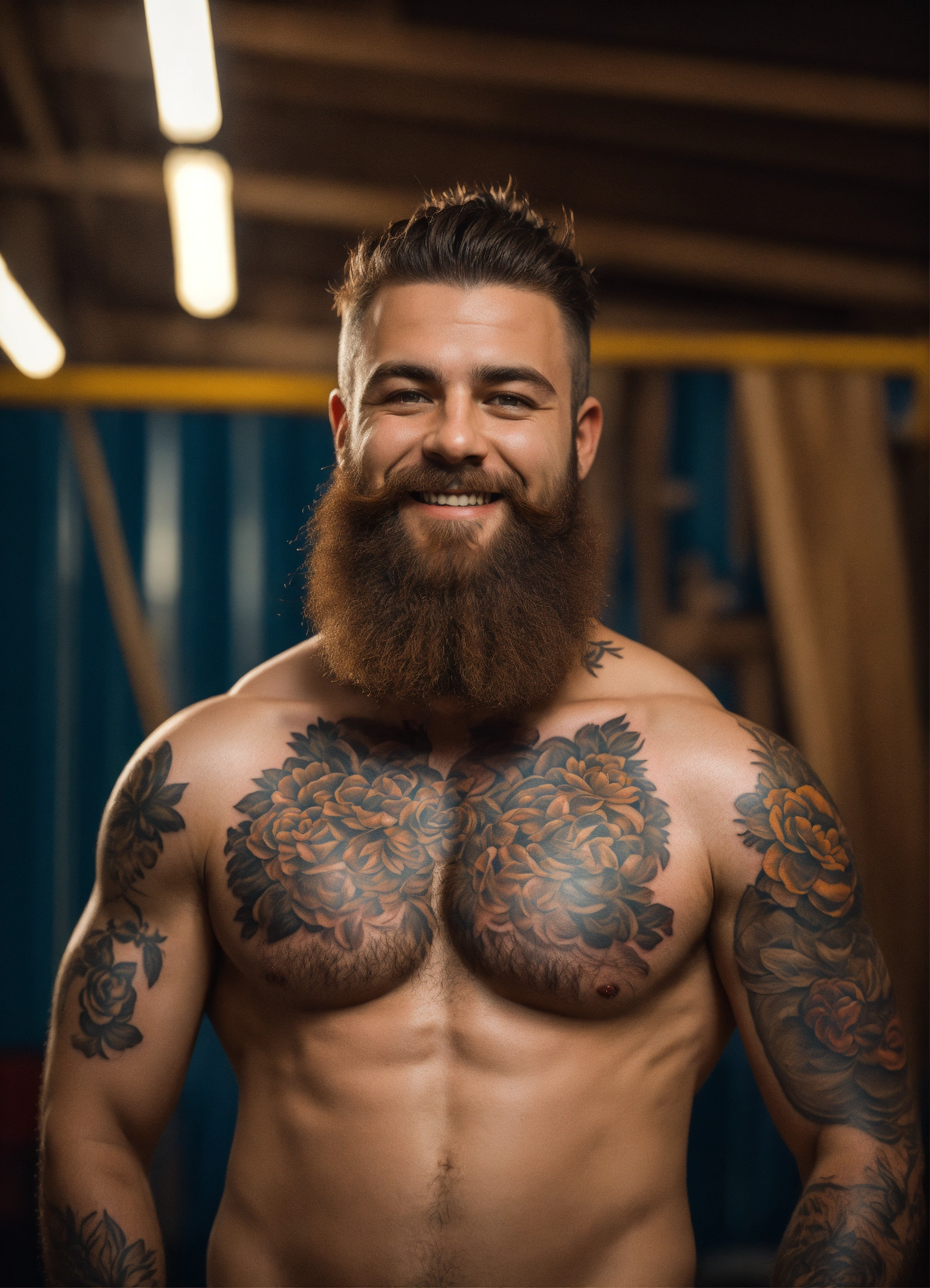 Lexica - Photo realistic portrait of dwarf, male, hairy chest, tattoos,  brown hair, realistic eyes, braided beard, smiling, speedo, centered in  frame...