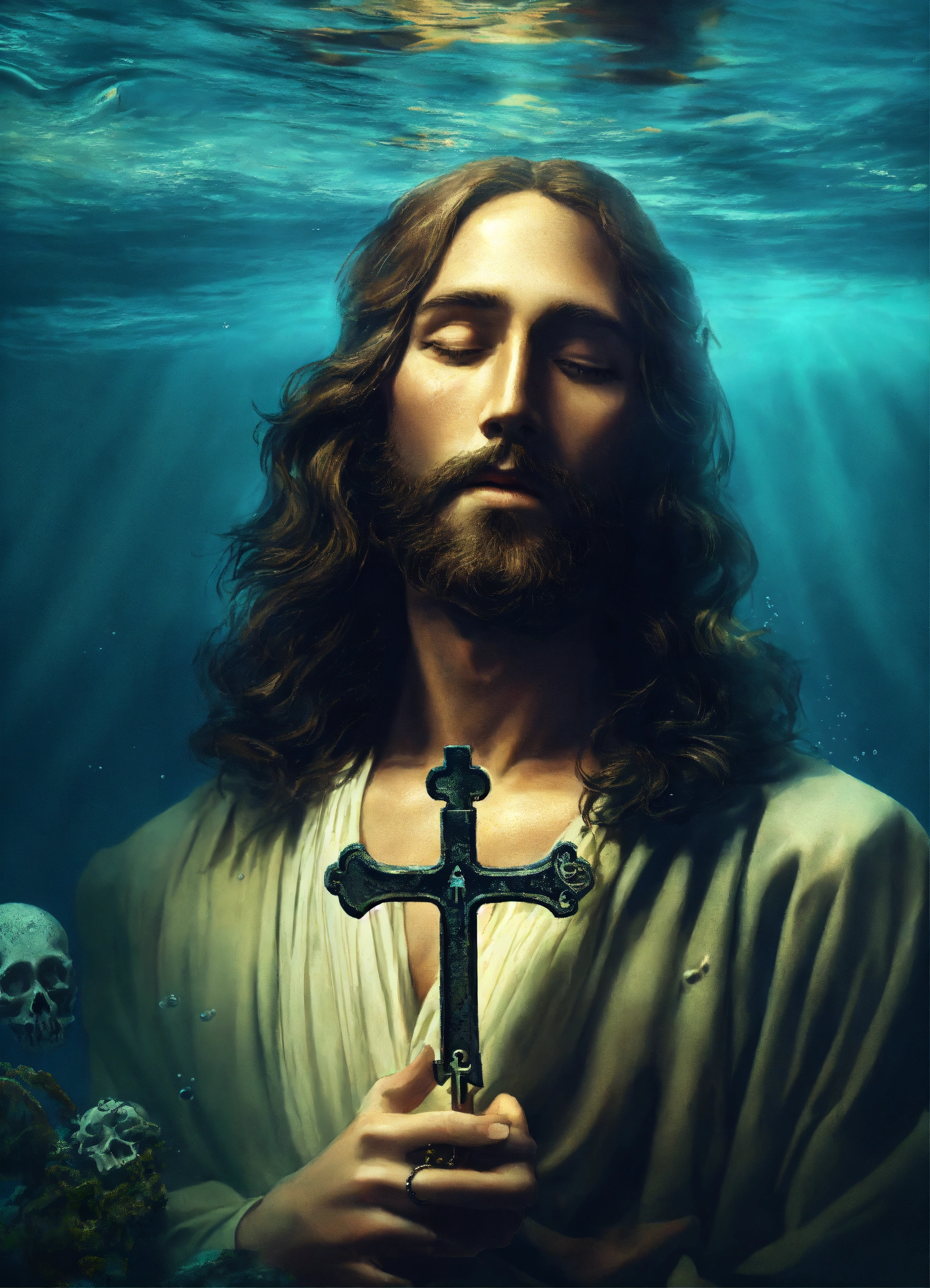 Lexica - Jesus christ underwater holding a skeleton key