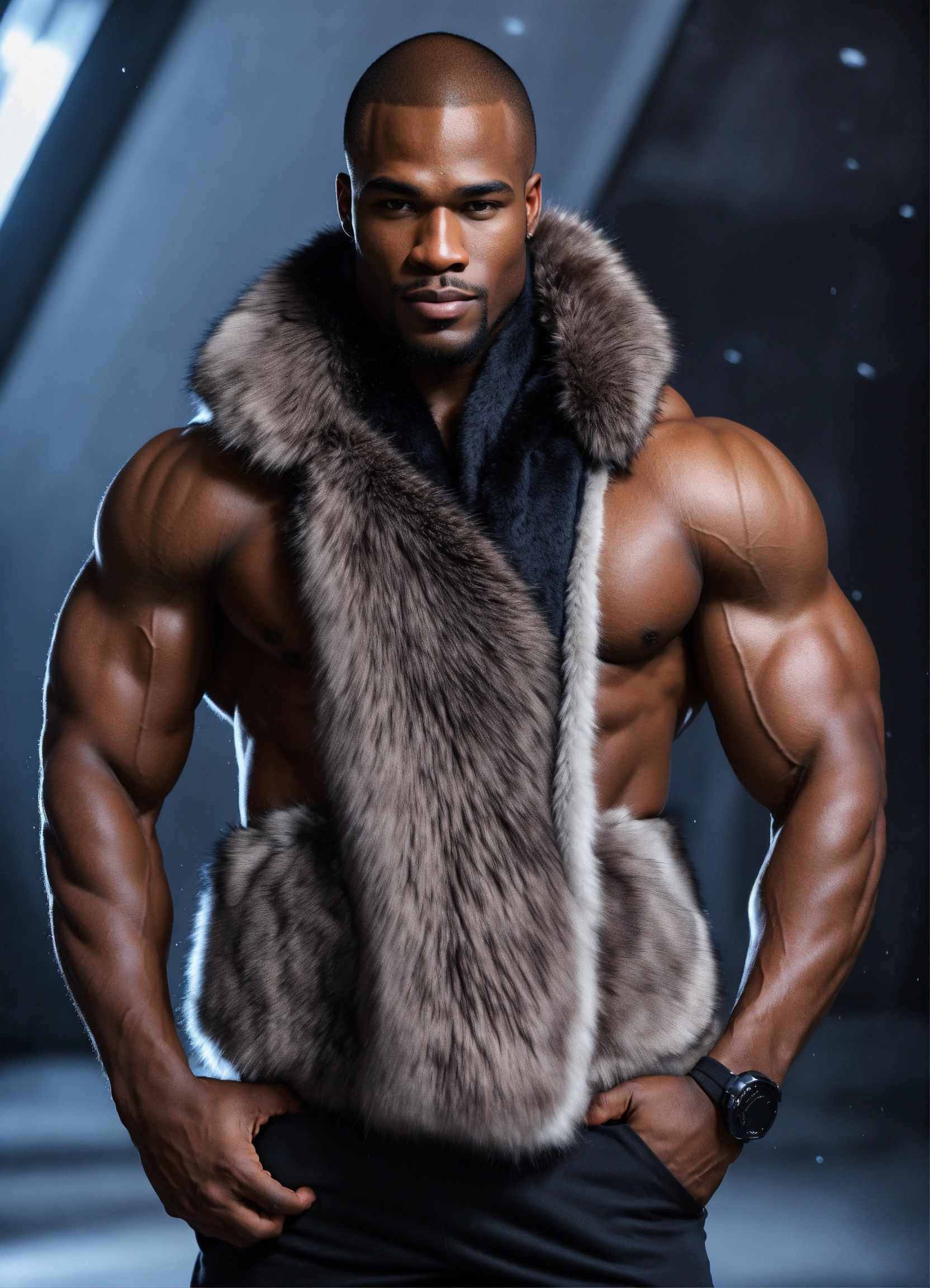 Lexica - A full picture of a handsome black bodybuilder in fur