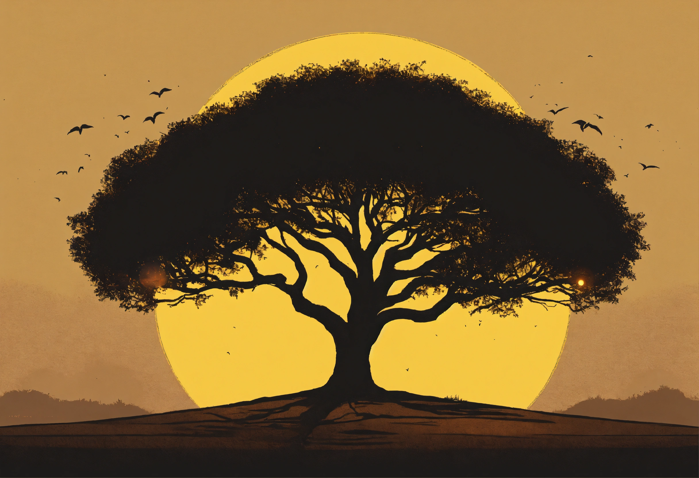 Lexica - Illustration of a black young tee tree with a dark yellow sun ...