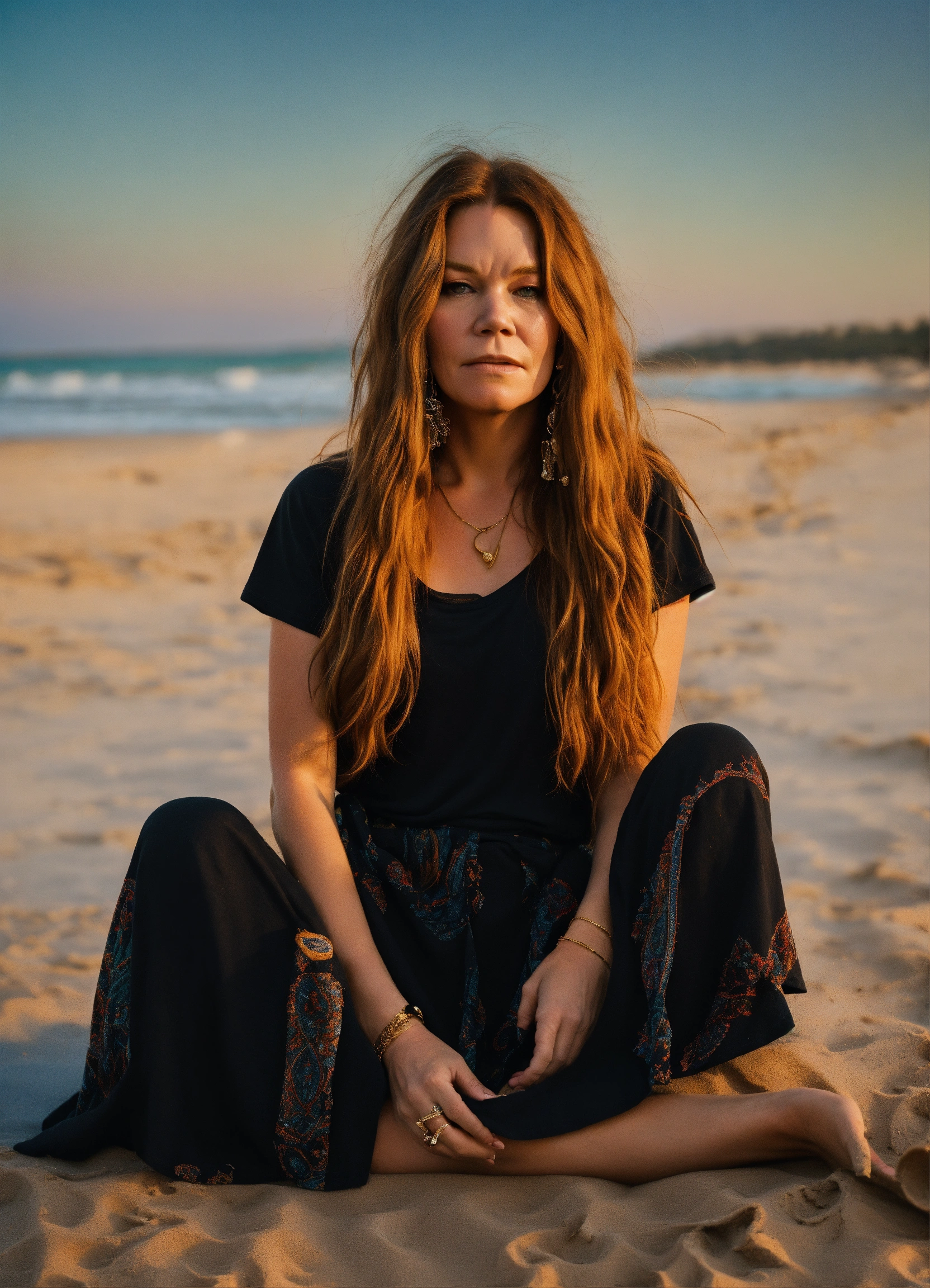 Lexica - Full body photo of one Janis Joplin similar model with long  beautiful hair, modeling plain blank black t-shirt, boho skirt, at golden  hour o...