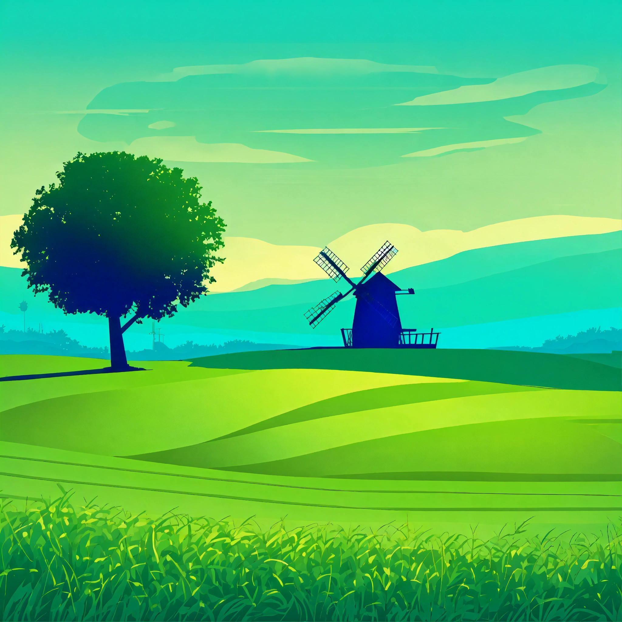 Lexica - Vector gradient background of a green field with a windmill in ...