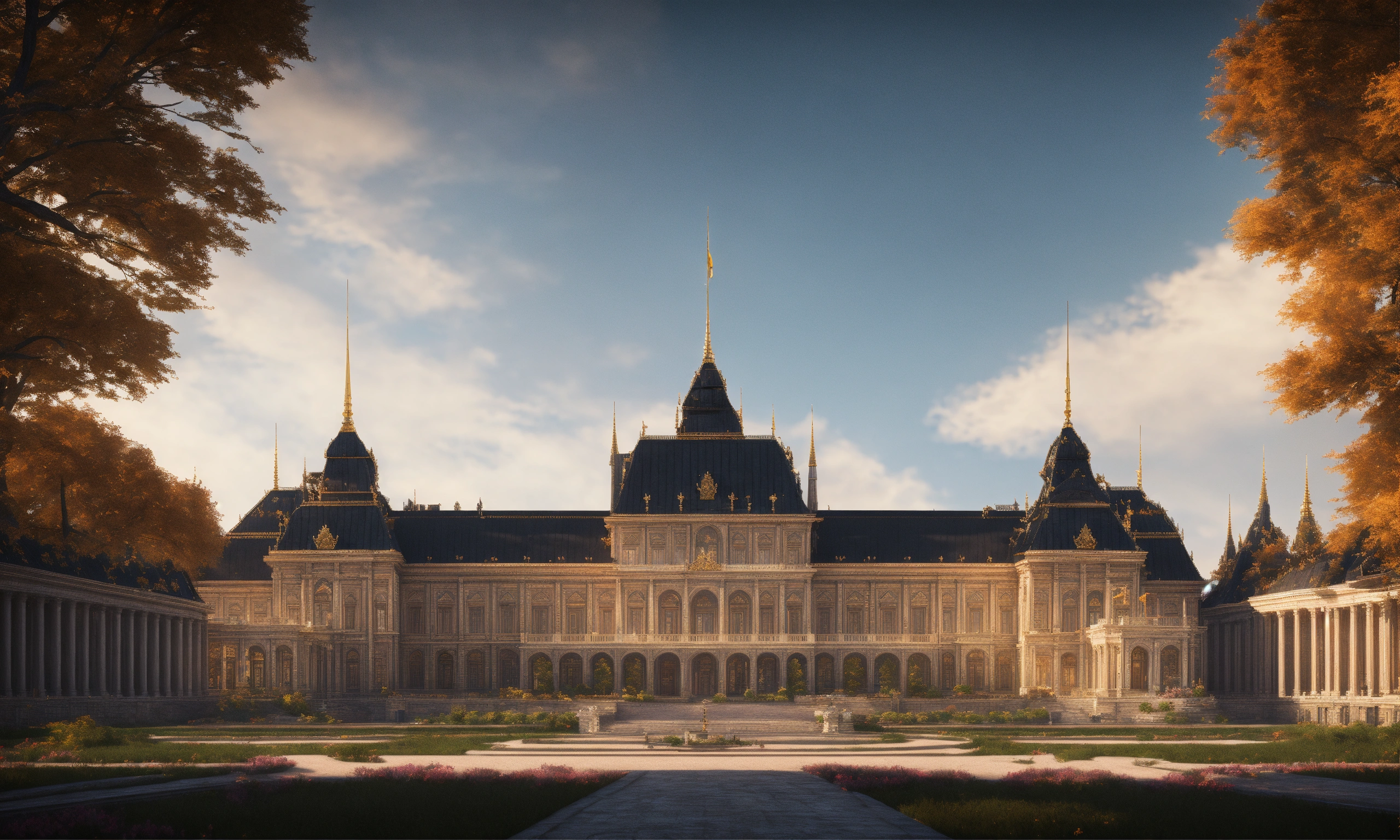 Lexica - Full image of a massive royal palace with a black roof, built ...