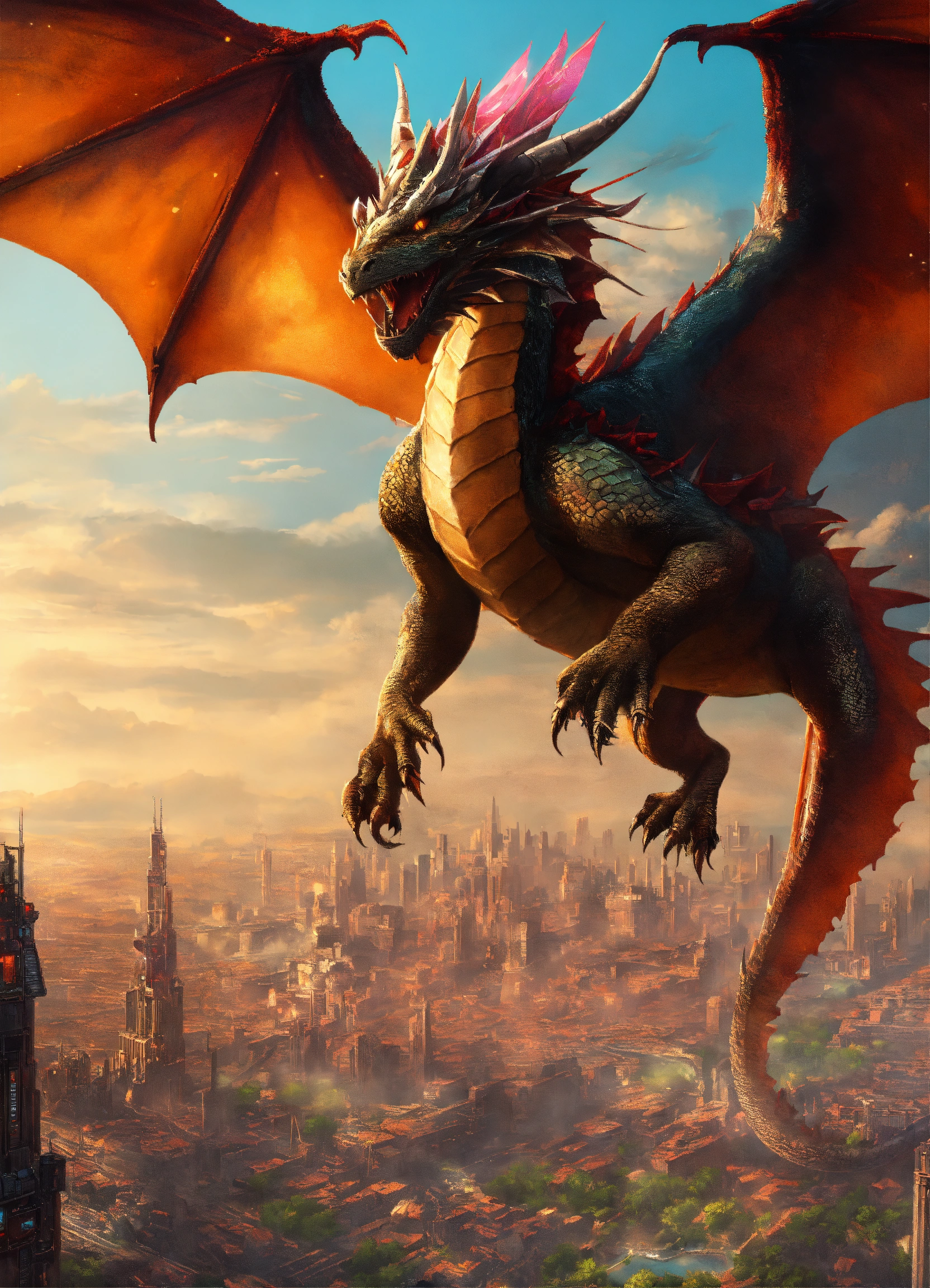 Lexica - A medieval dragon flying over a cyber punk city, huge ...