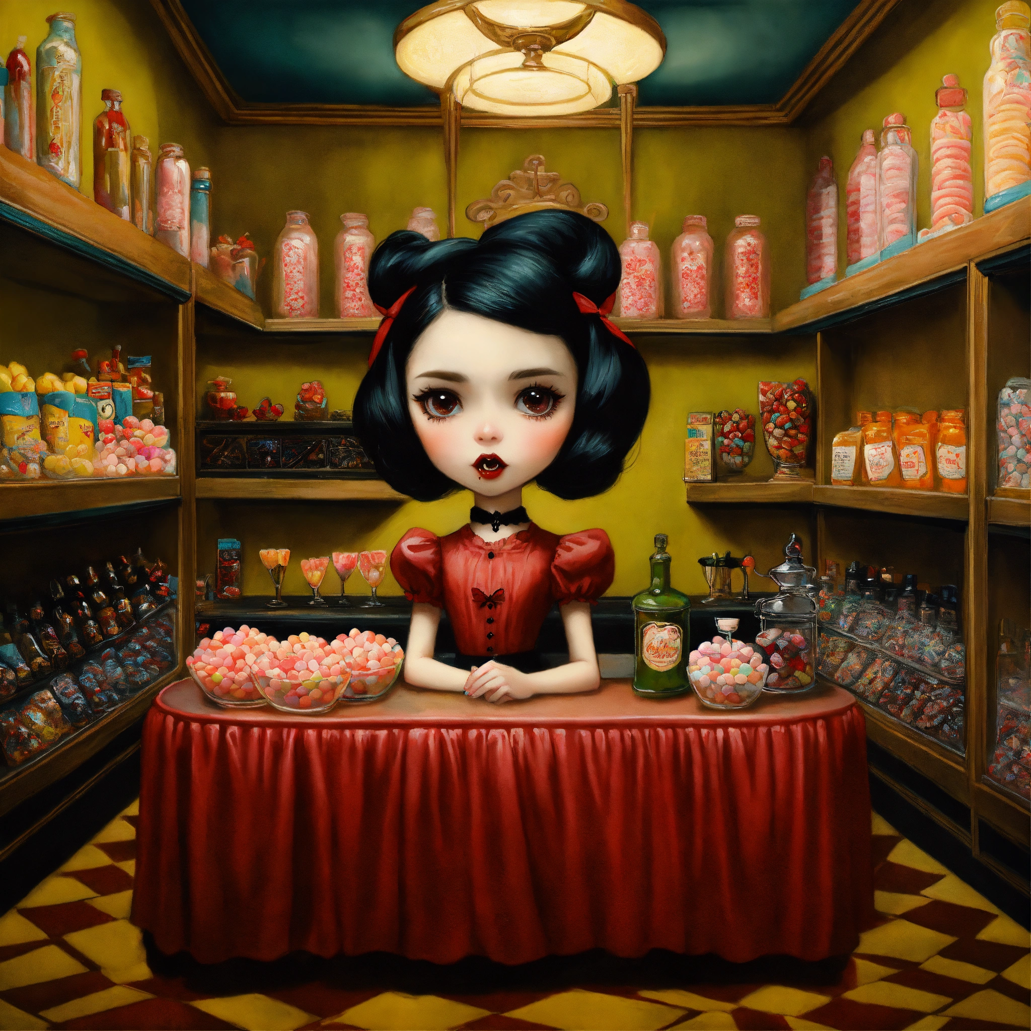 Lexica - A vampire girl ride a bat, black hair,in a candy shop oil ...