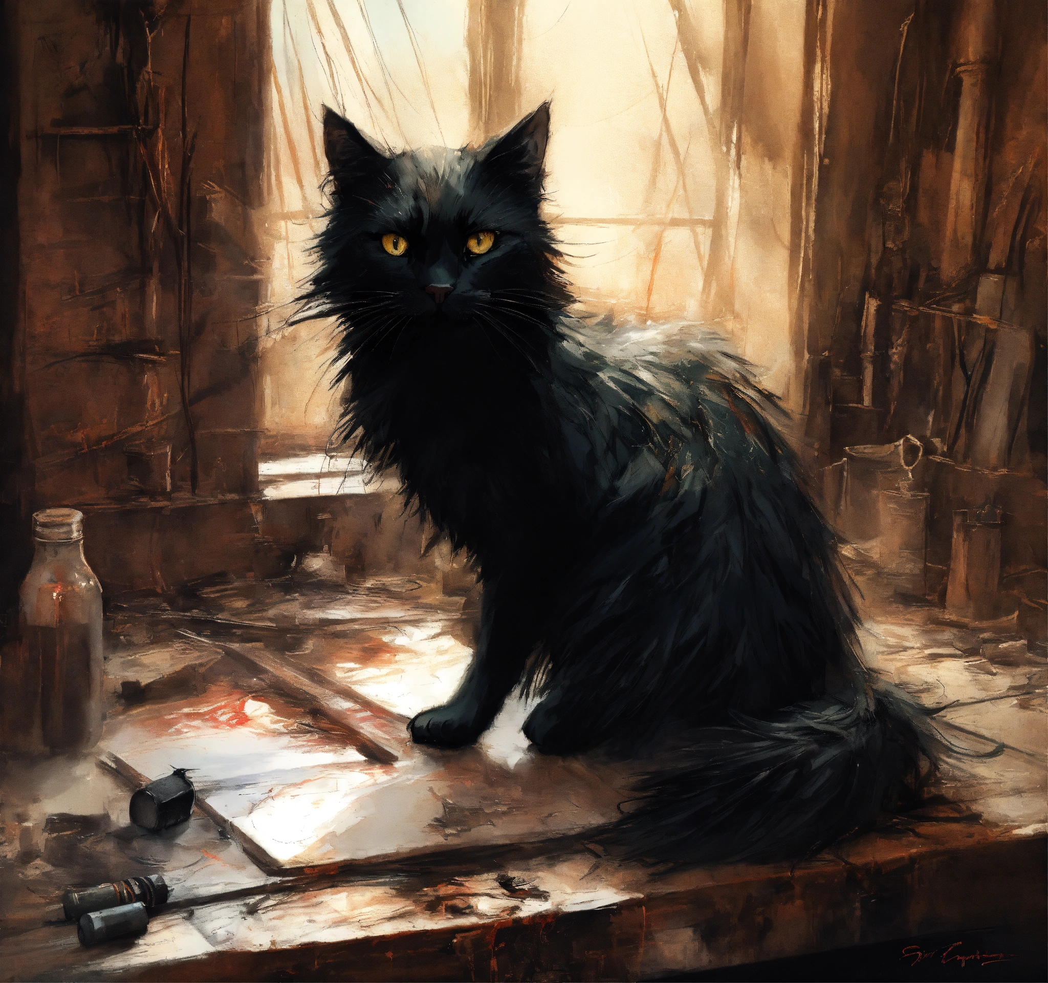 Lexica - An adorable sinister black cat with shiny long spiky fur ...