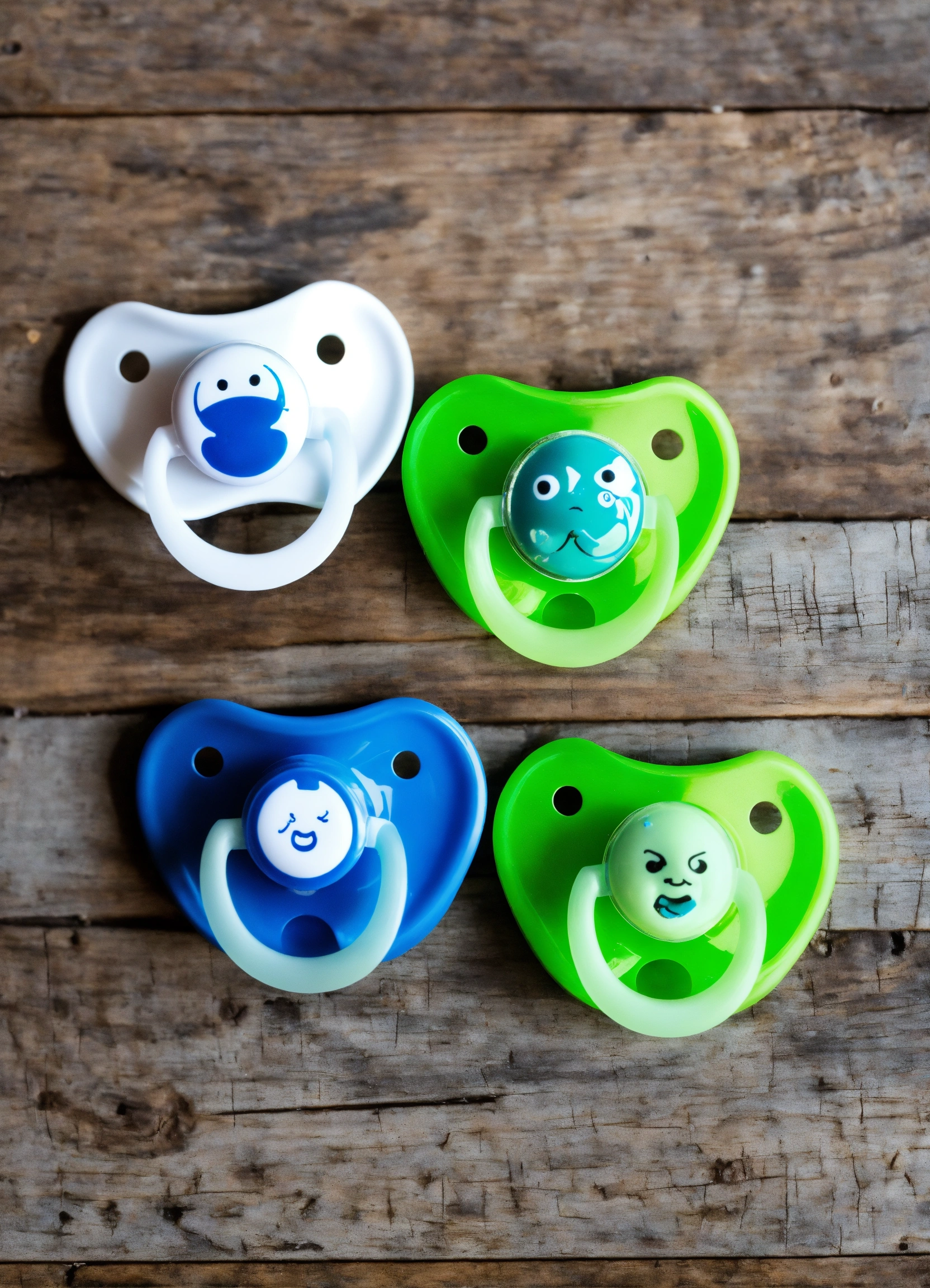 Lexica A green pacifier, a blue pacifier and a white pacifier with
