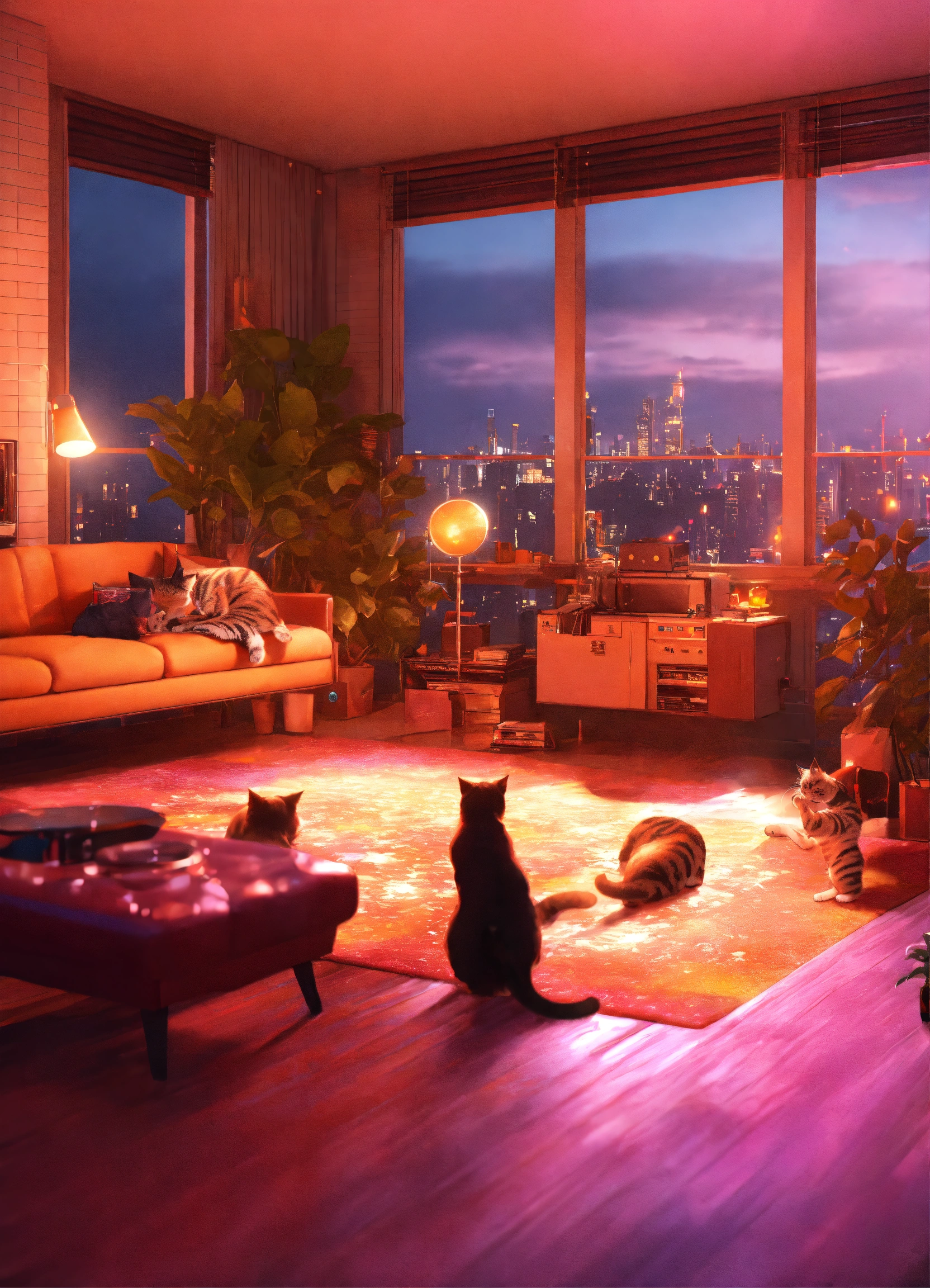 Lexica Hundreda of cats having a dance party in a highrise apartment