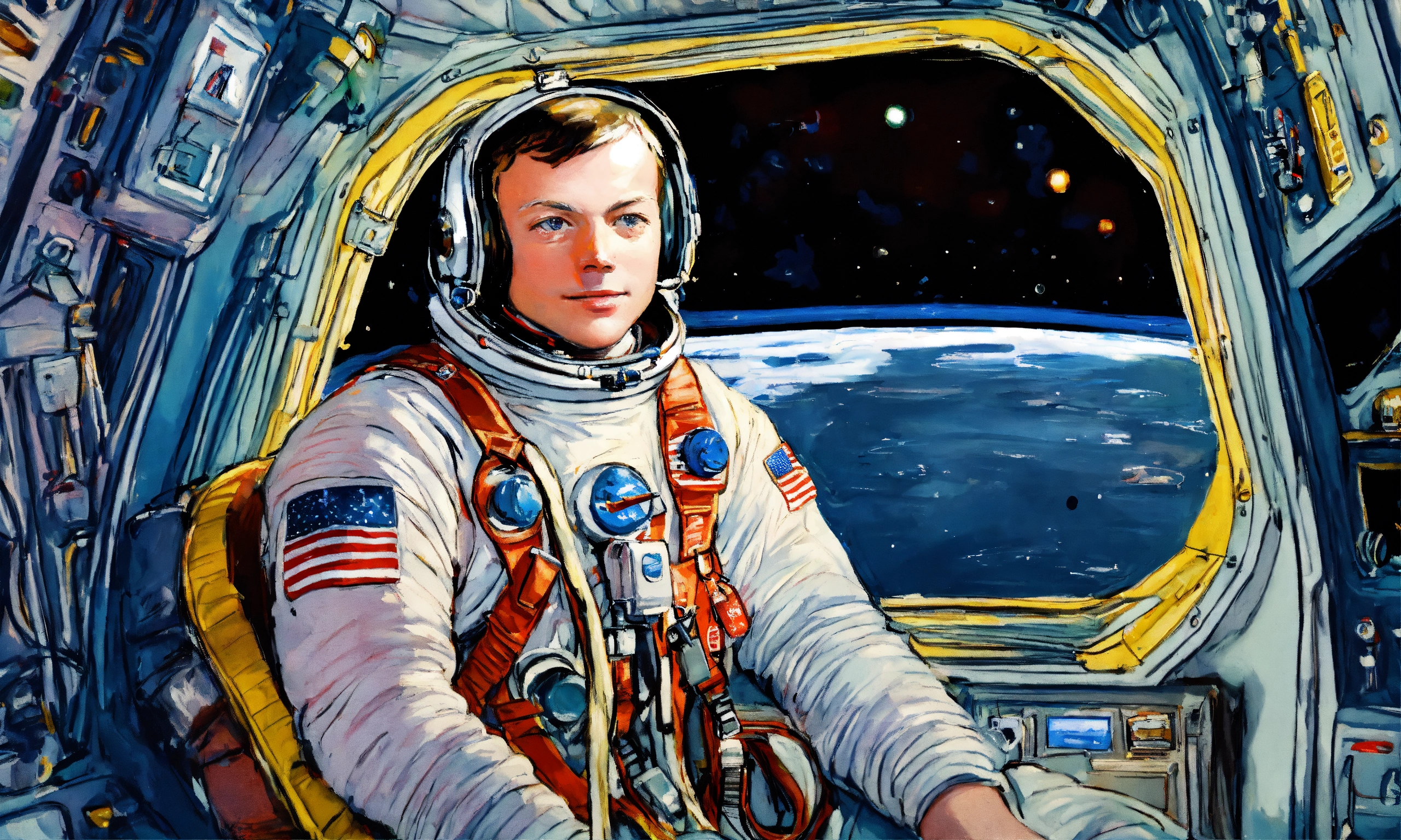 Lexica - Neil Armstrong closeup inside spaceship cockpit, impressionism ...
