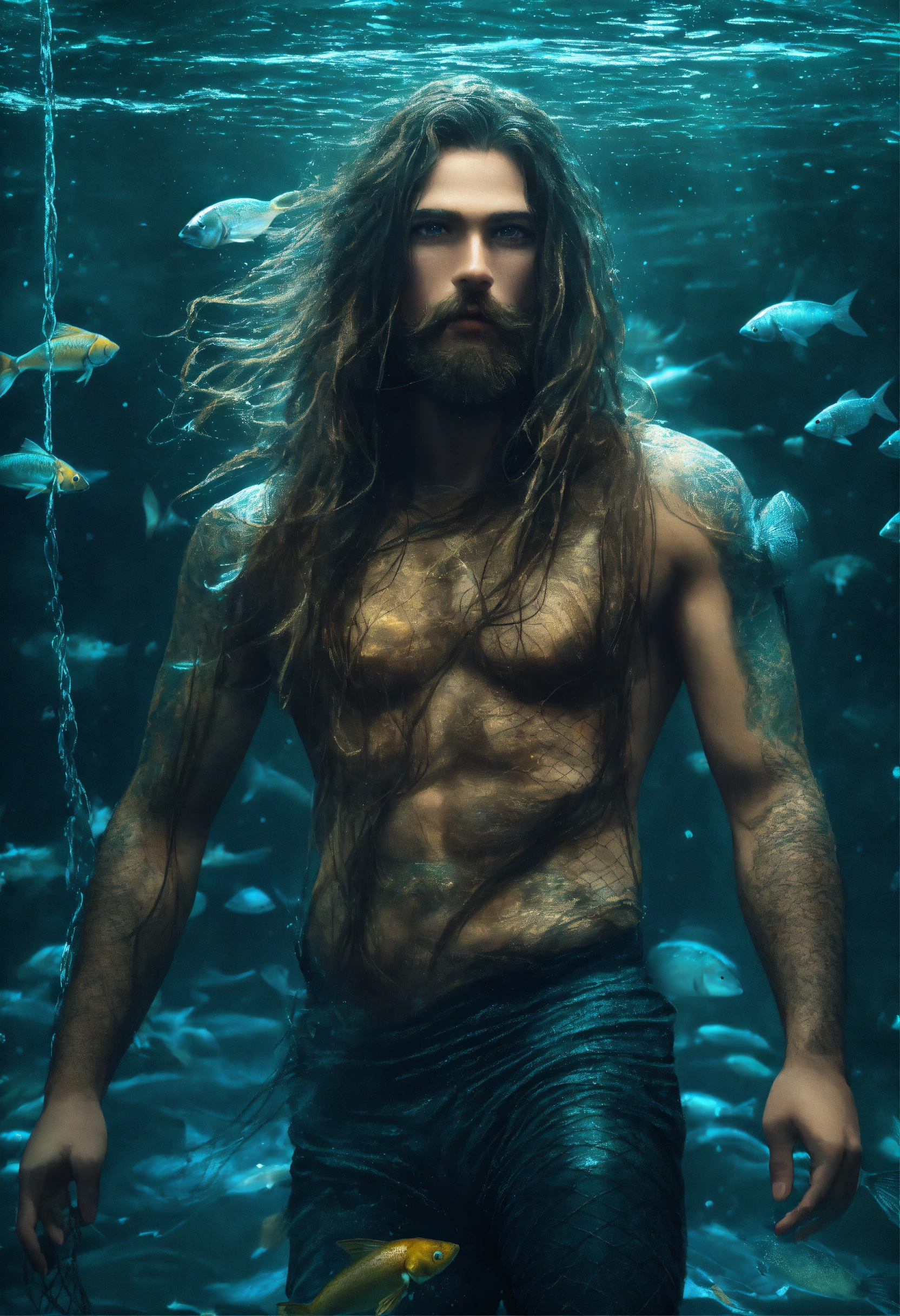 Lexica - Bright, in agony merman arrested in a fish net , long straight ...